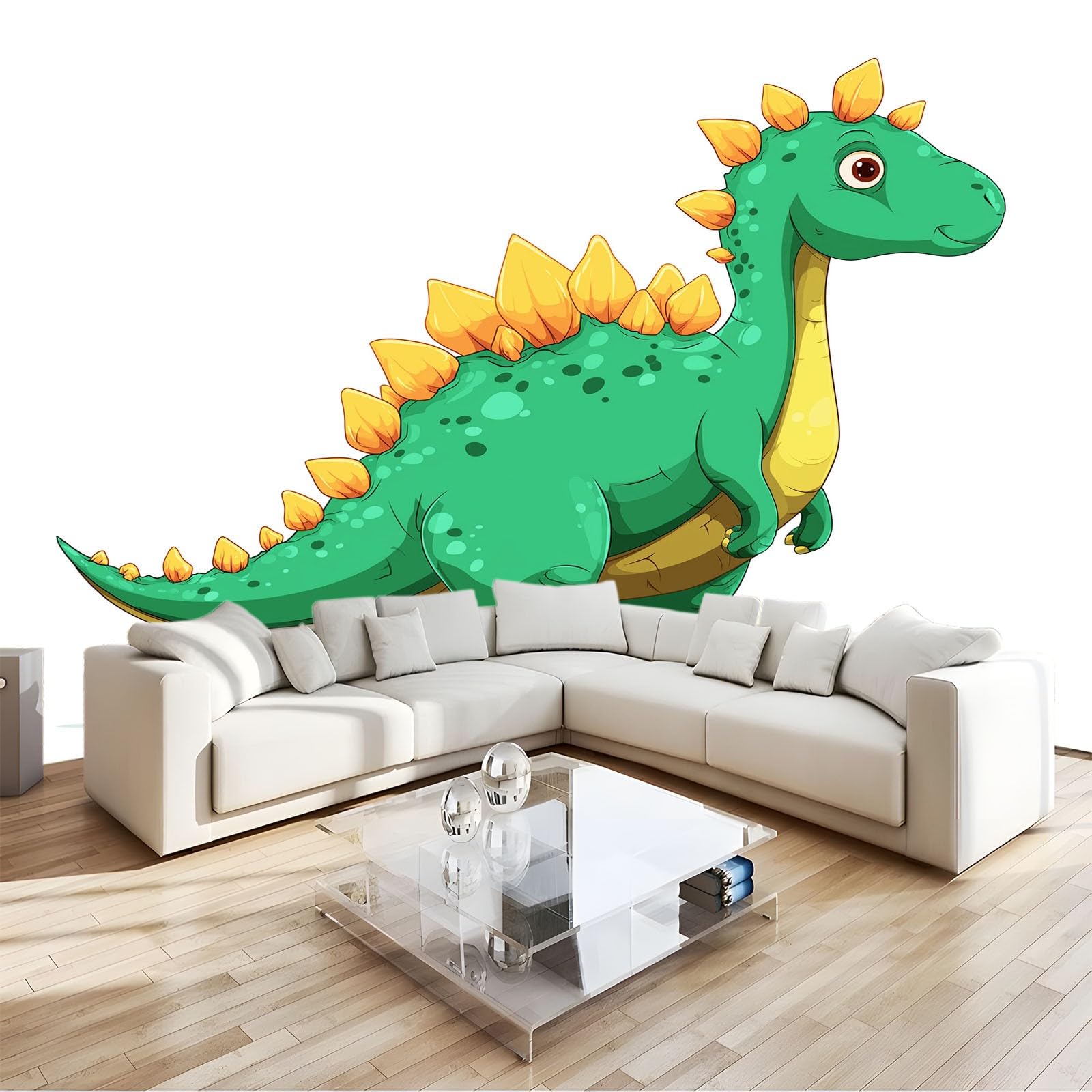 Urocza biała tapeta 3D panoramiczna kreskówka zwierzęta dinozaur stegozaur - fresk ścienny z włókniny do sypialni i pokoju dziecięcego, dekoracja ścienna do domu (200 x 140 cm)
