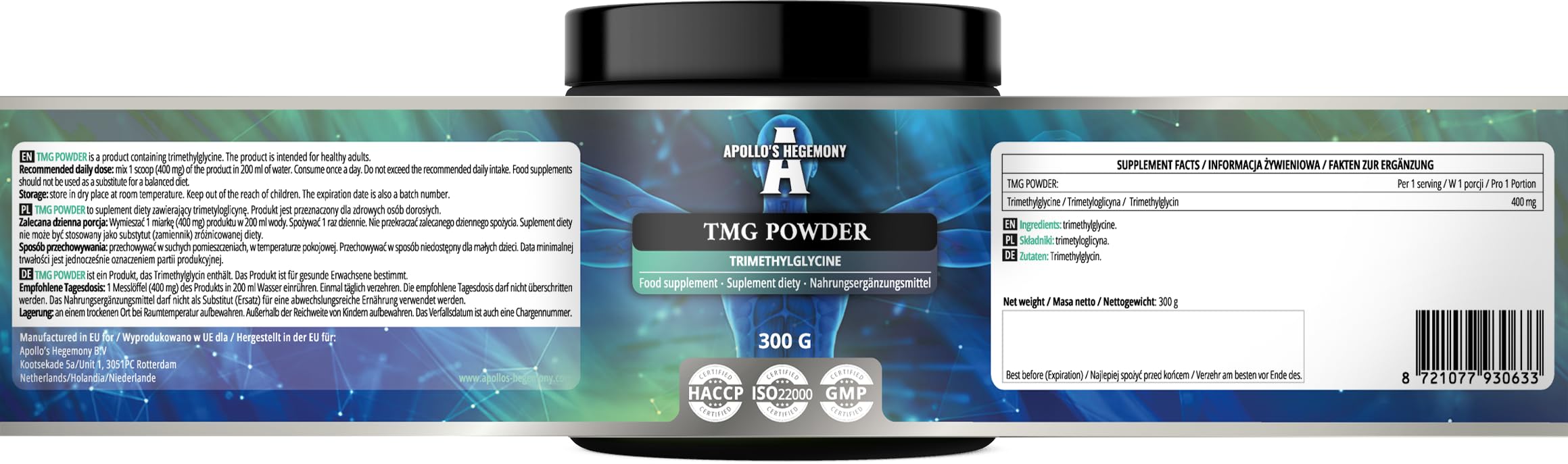 TMG Powder 300g - Betaina - 2000mg Trimetyloglicyny w porcji - 150 porcji w opakowaniu - Bez dodatków - Wsparcie metabolizmu - firmy Apollo's Hegemony