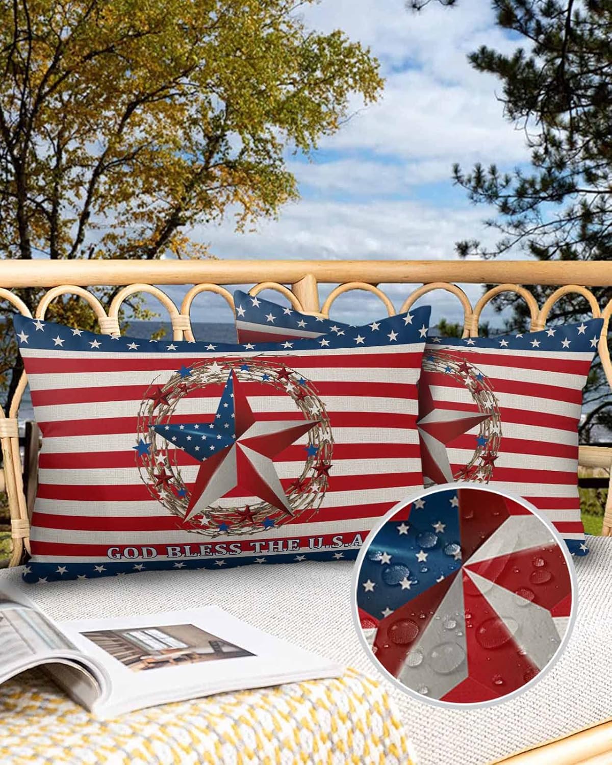 Waterproof Rectangle Pillows for Outdoor Patio 20x12in-1 Pack,Patriotic 4th of July Freedom Star Decorative Pillow Cover with Inserts Throw Pillows for Couch Sofa Tent,Red Stripe on Linen Flax