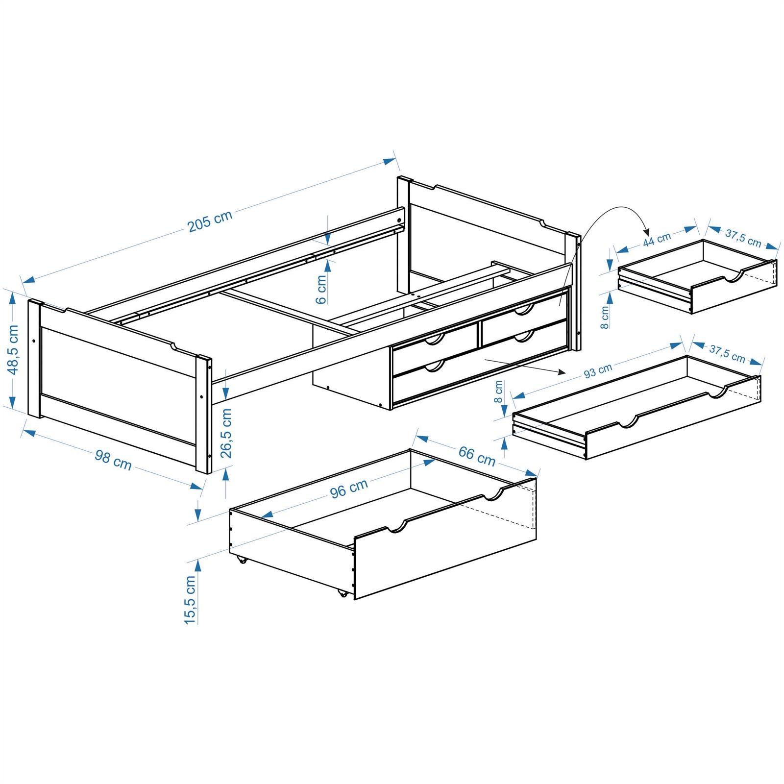 IDIMEX Bett mit Stauraum Andrea Kiefer massiv Weiss/Natur 90x200 cm, Gästebett Tagesbett, 4 Schubladen