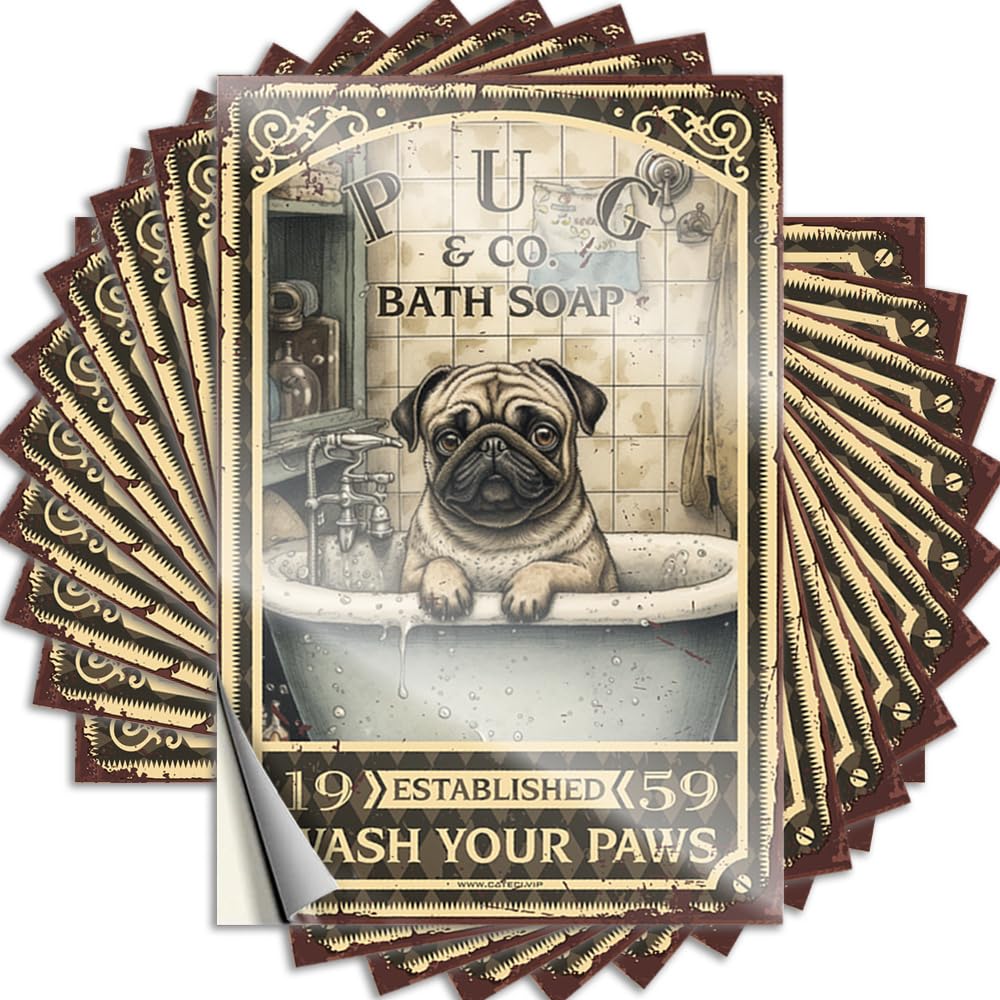 Pug Bath Soap Wash Your Paws Laptop Glitter - Farmhouse Porch Decor Stickers Self Adhesive Sticker(8X12CM)