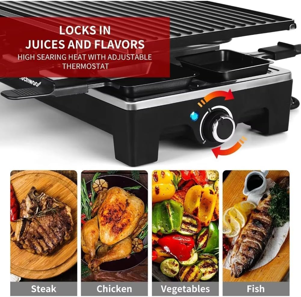 TYH Grill Électrique 1500 W, Appareil À Raclette pour 8 Personnes, Plaque De Cuisson Électrique Antiadhésive, Température Réglable, sans Fumée, avec 2 Spatules en Bois, pour Barbecue Familial