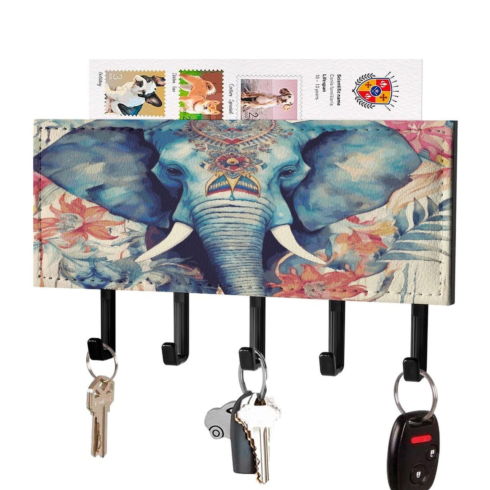 JTREHY Peacock Feathers Elephant Key Holder Wall Mount Decorative Key and Mail Holder PU Leather Adhesive Key Organizer Hanging Key Hooks Wall Shelf with 5 Hooks for Entryway Hallway Office
