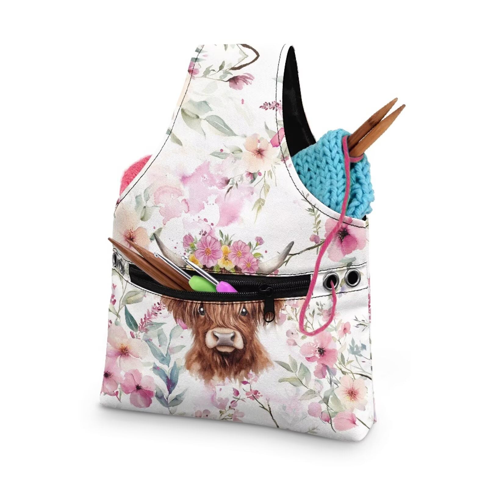 ZUXONGSY Highland Cow Crochet Yarn Bag for Women Pink Floral Knitting Tote Bag for on The Go Travel Portable Knitting Project HanbBag for Crochet Hooks