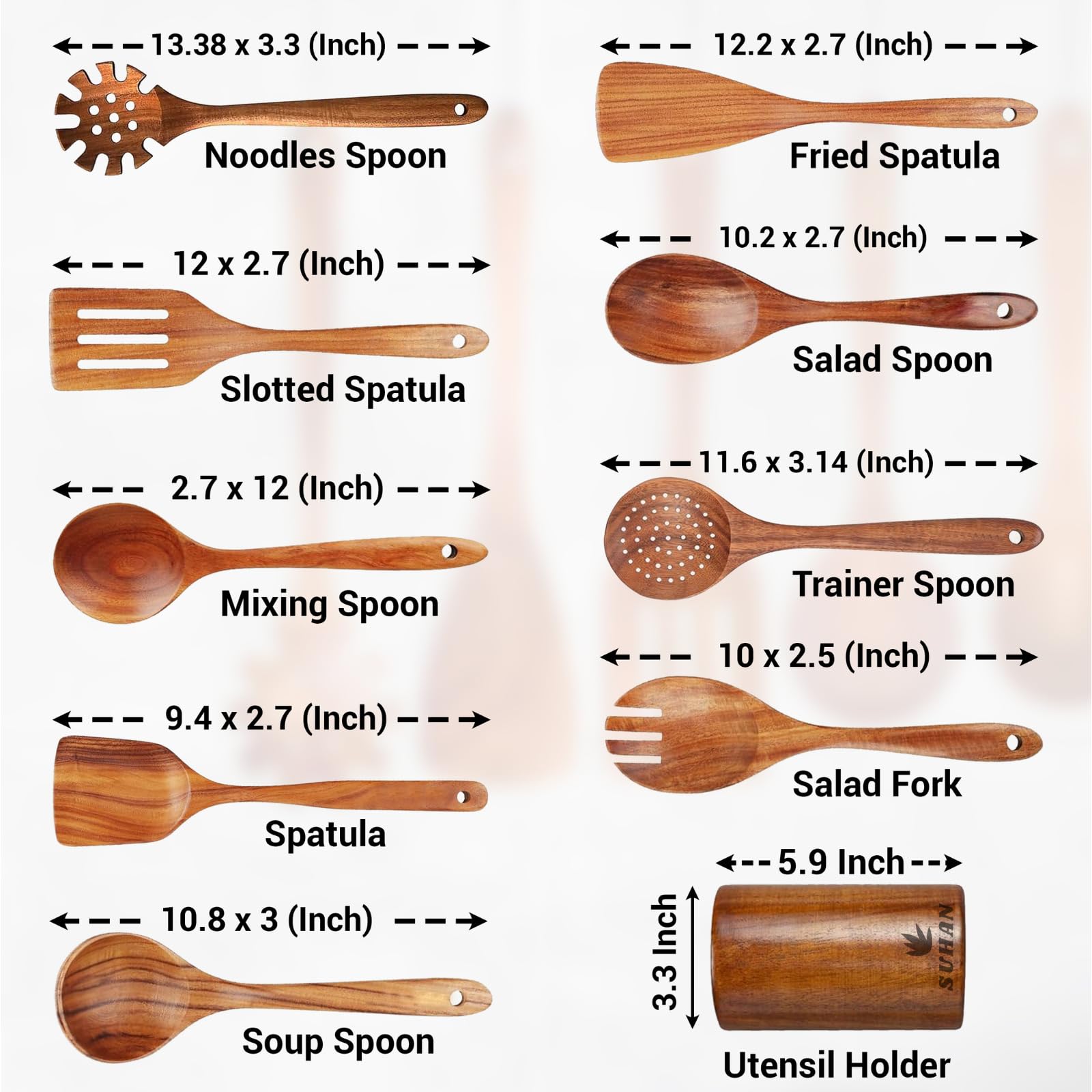 SUHAN Juego de utensilios de cocina de madera, 10 cucharas de cocina de madera de teca