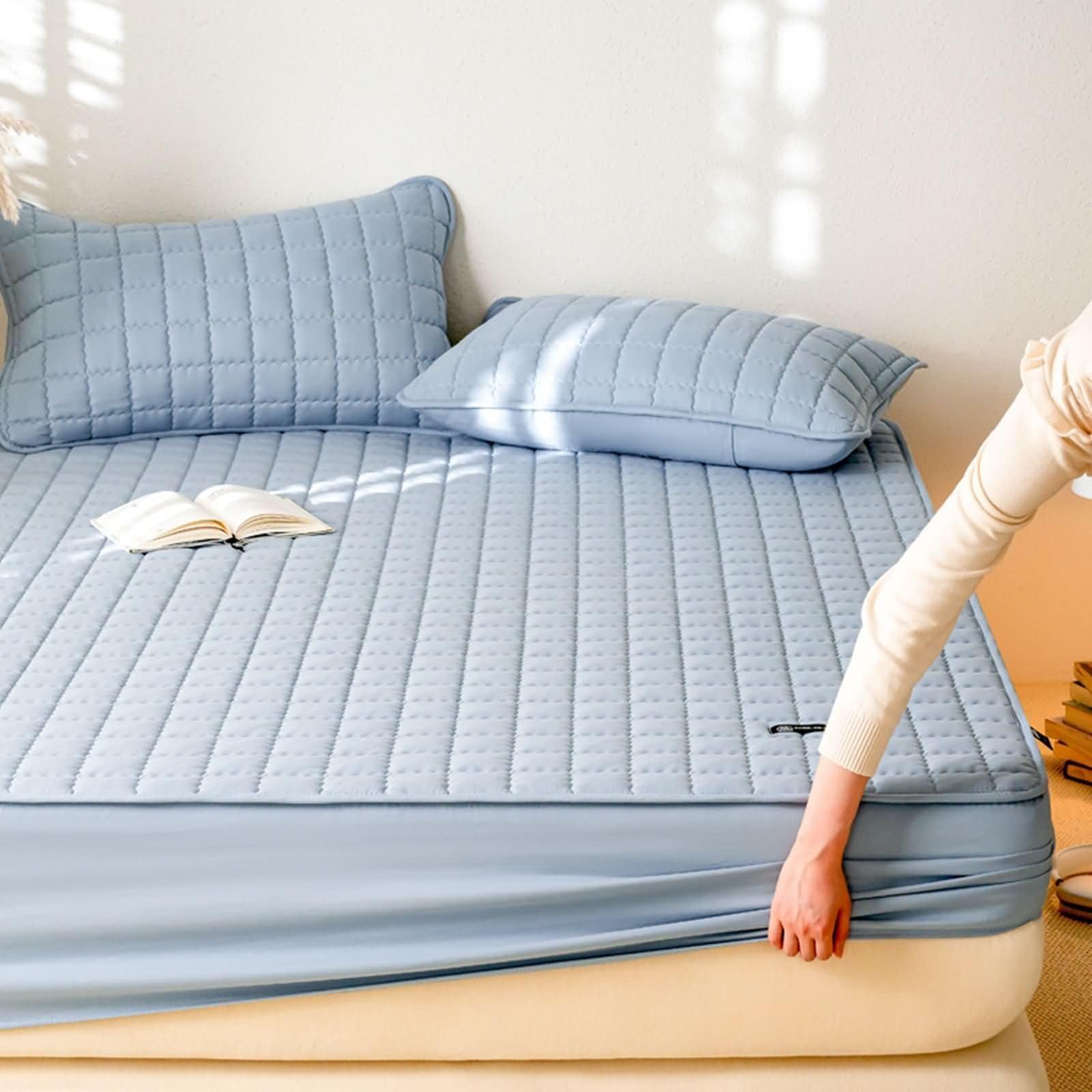 Drap Housse Polyester Coton Lit Simple avec Elastique, Couleur Unie avec Motif à Carreaux, 120 x 200 CM, Bleu