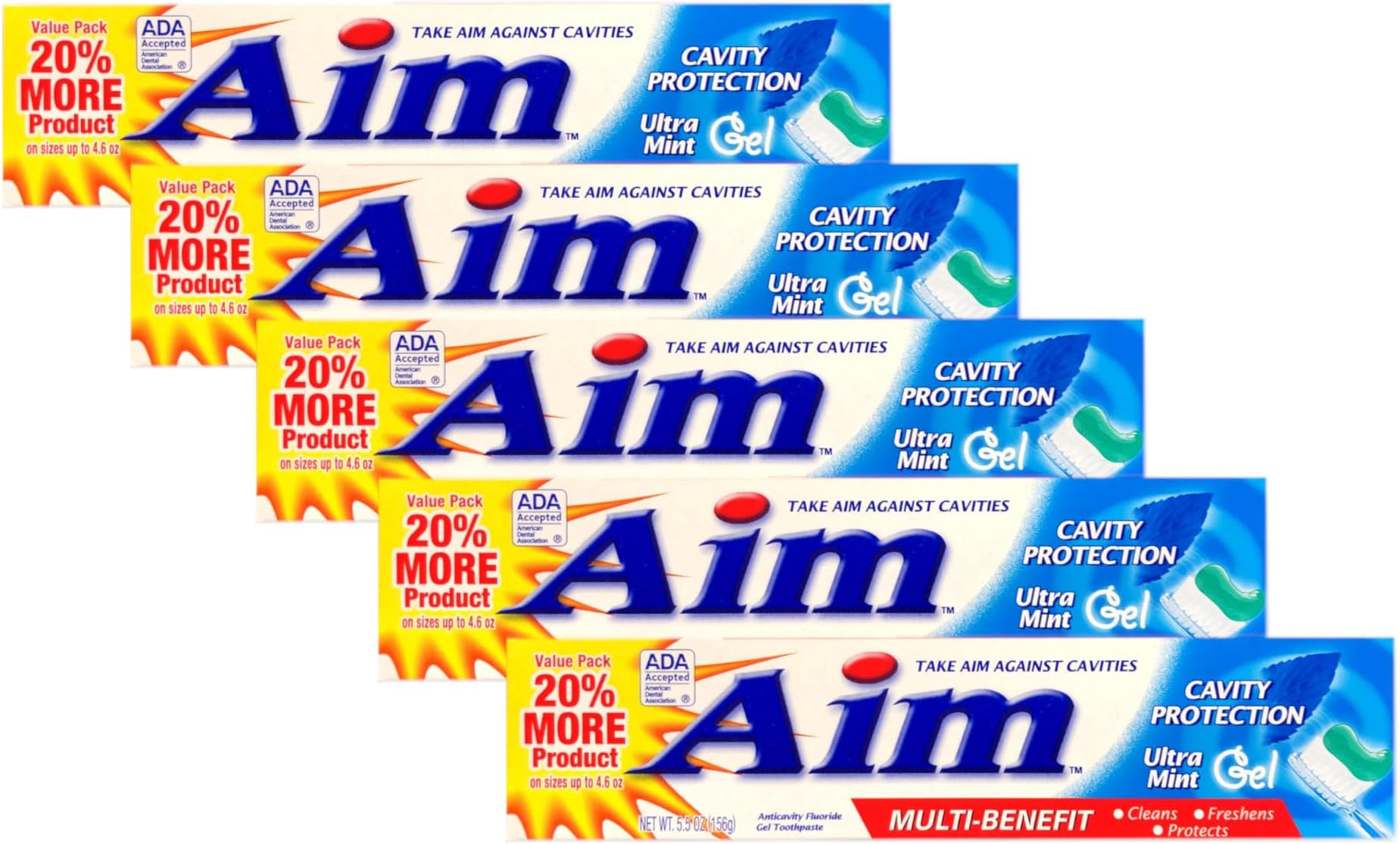 Aim Multi-Benefit Ultra Mint Cavity Protection Gel- 5.5 Oz (Pack of 5)