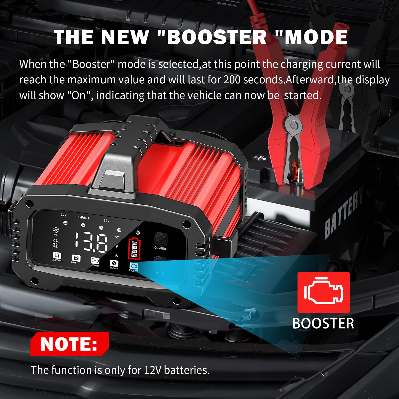 25A Auto-Batterieladegerät, mit Temperaturkompensation für Auto-, LKW-, Motorrad-, Rasenmäher-, Boots- und Marine-Batterien, rot