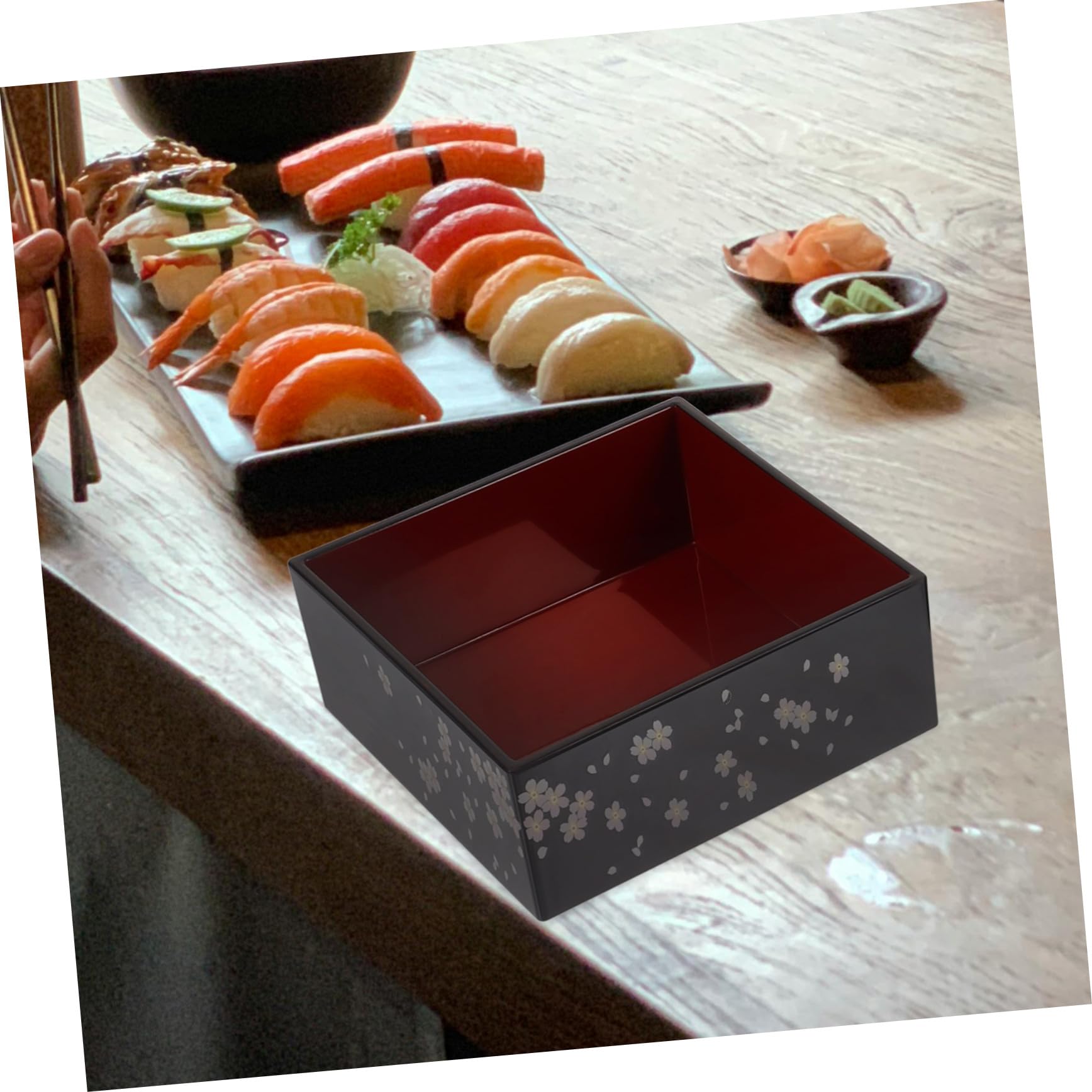 Boîte à Bento Japonaise Traditionnelle 3 Niveaux, Motif Mont Fuji, Plastique Noir, Réutilisable, pour Sushi et Desserts, Usage à Domicile