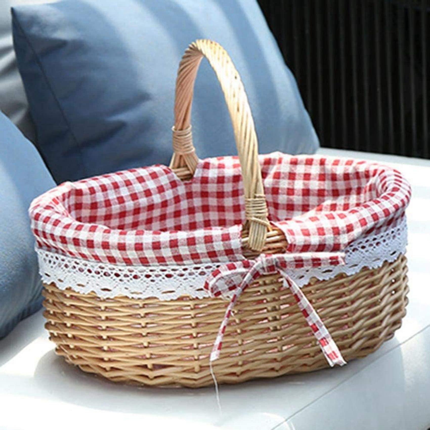 3X Cesta de Mimbre Cestas de Regalo Cesta de Picnic Tejida de Sauce Ovalada Vacía con Asa Cesta de Boda Pequeña