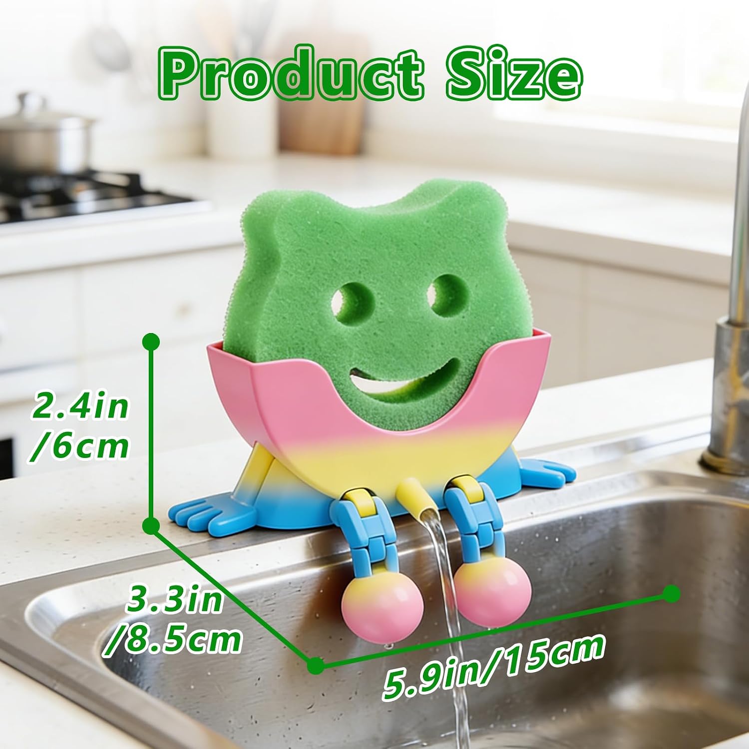 SALLO Smiling Face Drainage Sink Sponge Holder w/ 2 Sponges, Rainbow