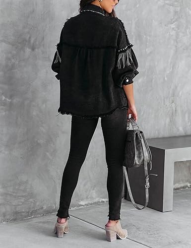 Miniatura 6 de Daacee Chaqueta de Mezclilla de Gran Tamaño con Flecos para Mujer Chaqueta Vaquera con Borlas Deshilachadas Brillantes Estilo Vaquera Western