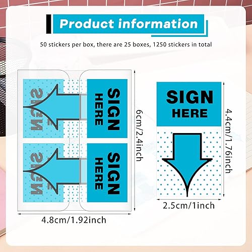 Miniatura 9 de Paquete de 1250 unidades  25 calcomanías para letrero con texto en inglés Sign Here Here, banderas con dispensador, bandera de flecha, fácil de