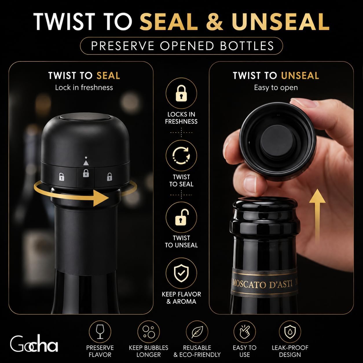 GOCHA Gadgets Wine Stopper and Champagne Stopper Set, 2 Pack, Black image 3