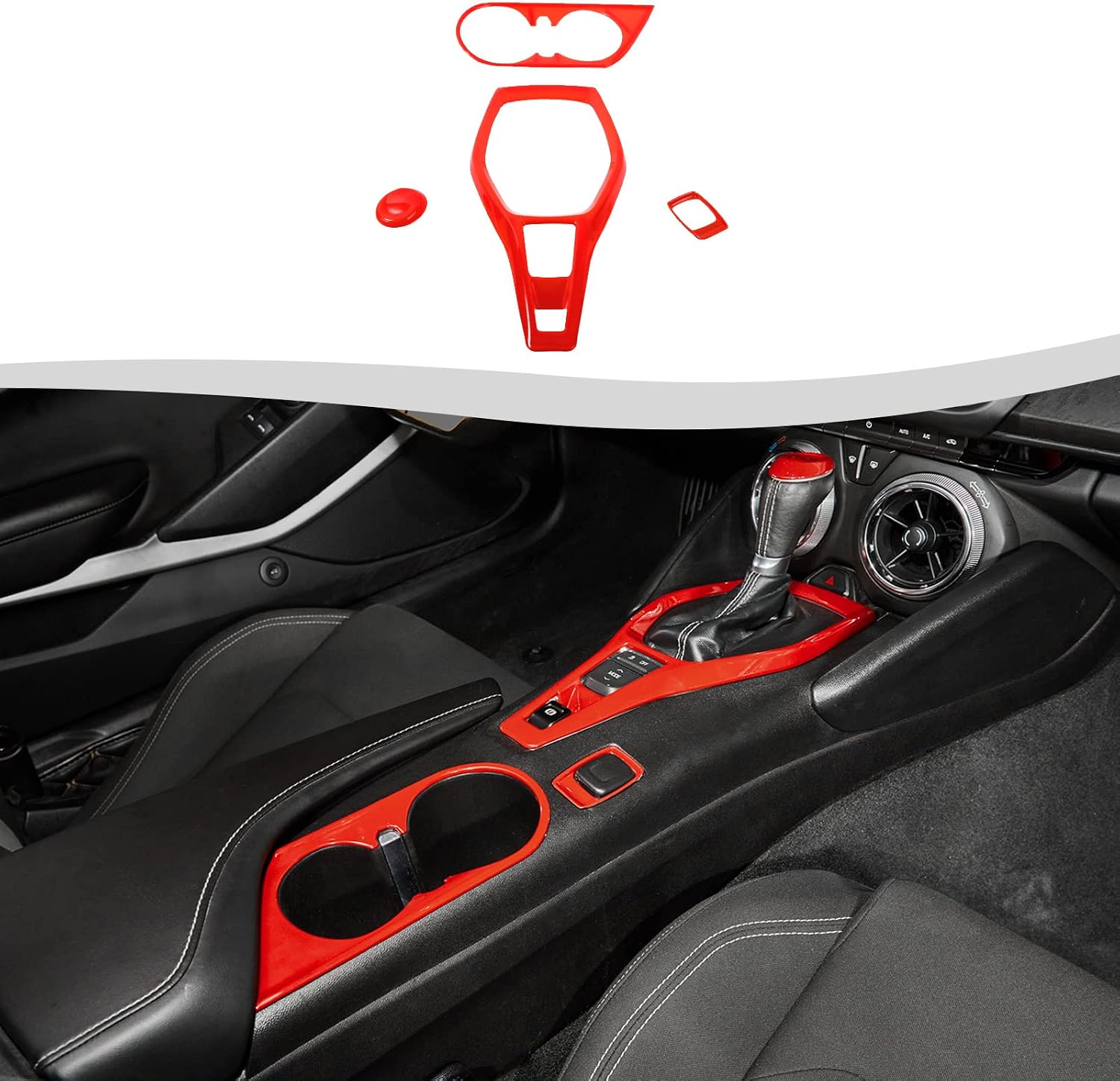 Carbon Fiber 4Pcs Interior Decoration Trim Kit Fit for 2017-2023 Chevrolet Camaro, Center Console Gear Shift Cover Cup Holder Frame Shift Knob Cover