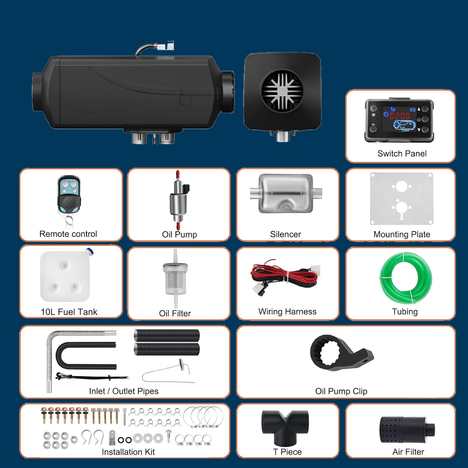 Riscaldatore d’Aria Diesel 5Kw 12V con Display Digitale e Telecomando Temperatura Regolabile con Silenziatore per Auto Barche Camion Camper All in One