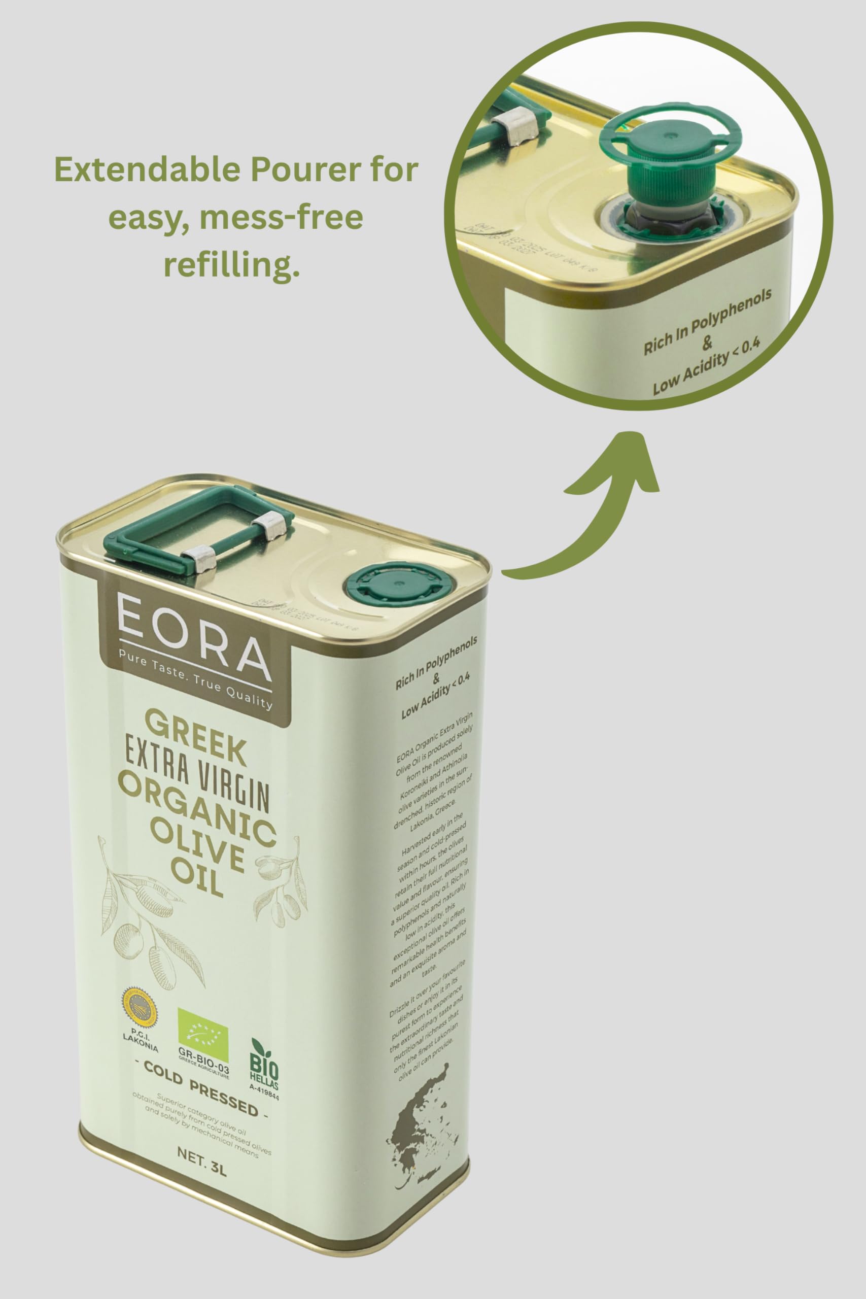 EORA Premium Bio Griechisches Natives Olivenöl Extra 3L (Neue Ernte 25/26) – Hoher Polyphenolgehalt, kaltgepresst, sehr niedriger Säuregehalt ~0,3% – Einzelnachweis (g.g.A.) Lakonien, Griechenland.