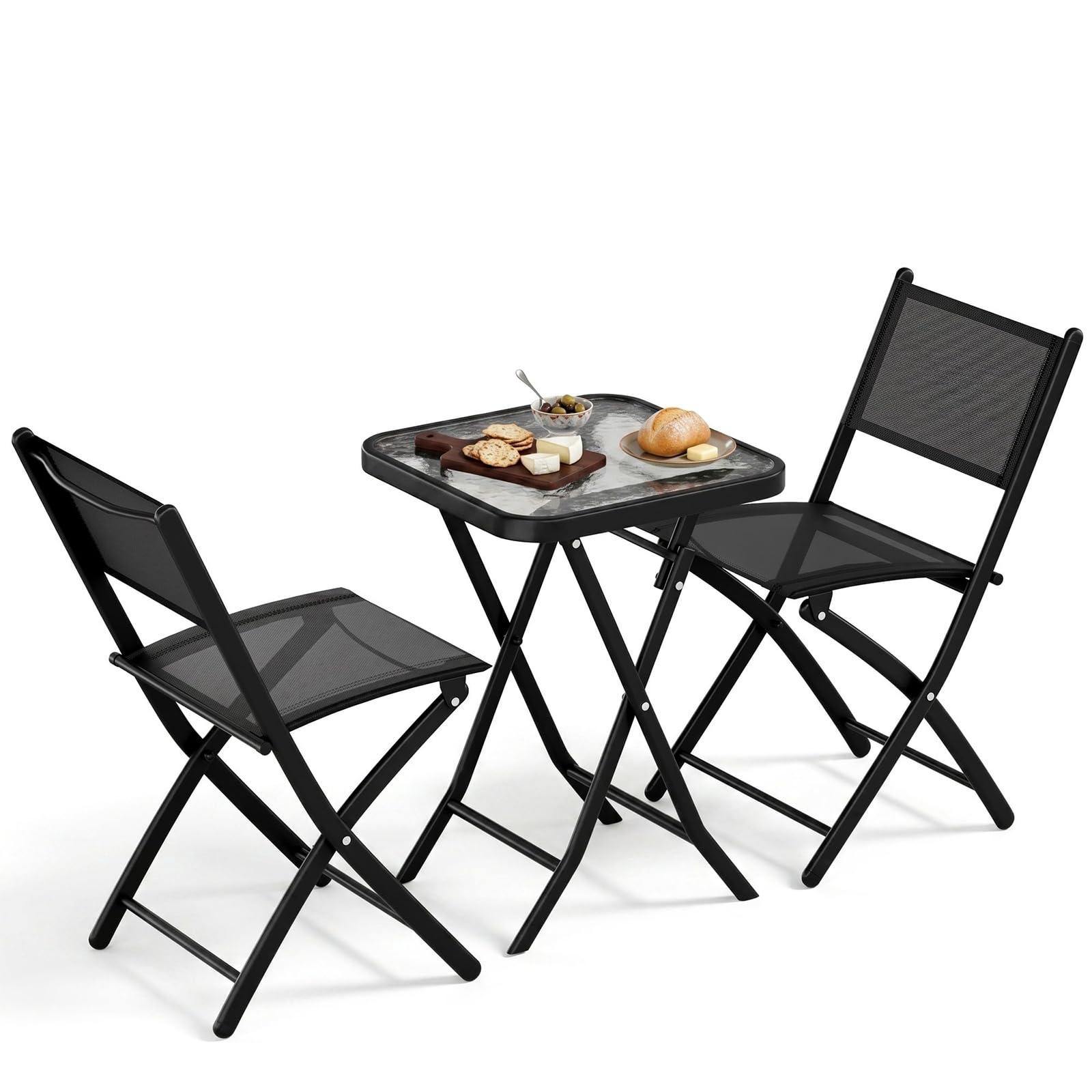 LIFERUN Juego de Muebles de Balcón Plegable, 3 Piezas, Resistente a la Intemperie, con Tablero de Cristal y Sillas de Textileno, 1 Mesa Plegable con 2 Sillas Plegables, Negro