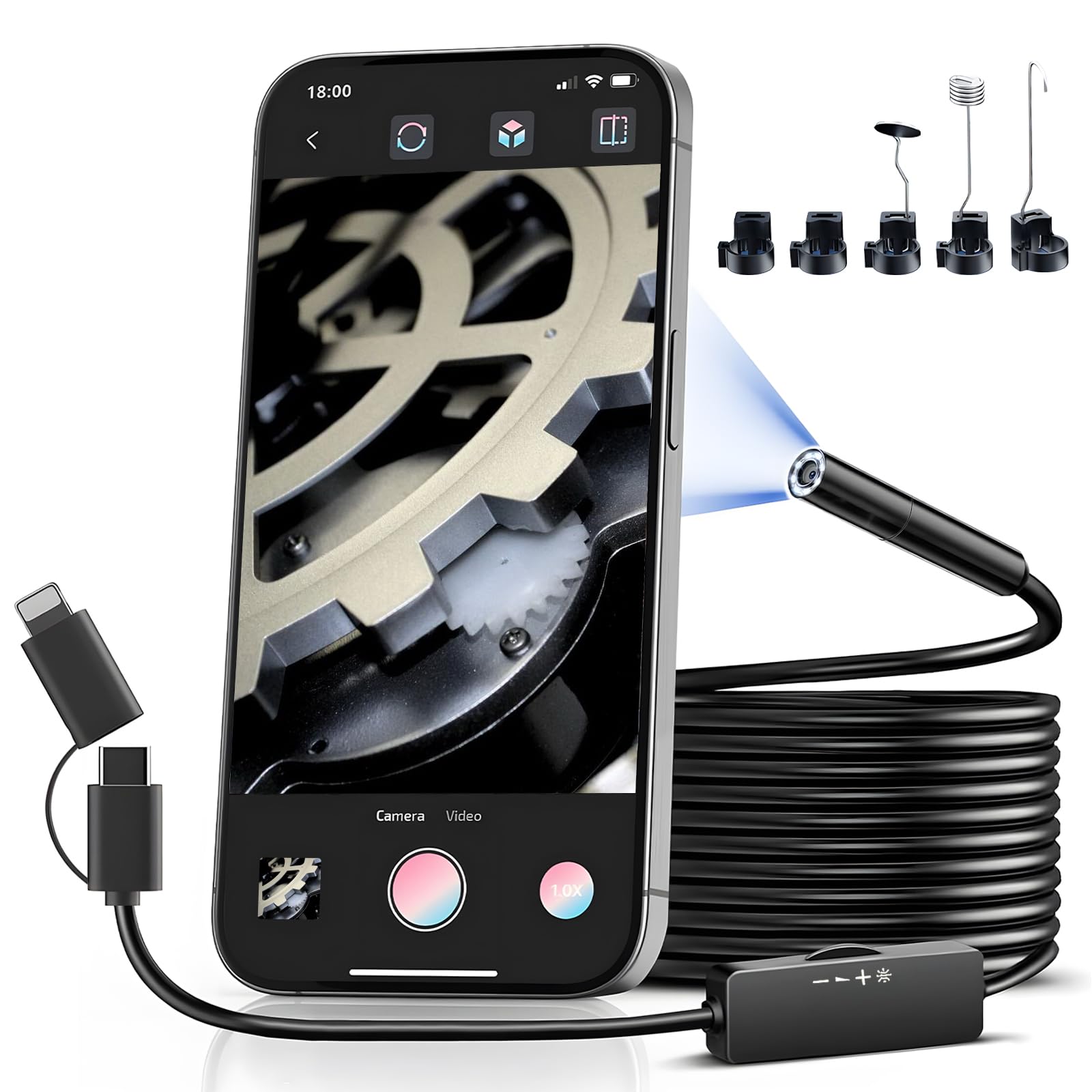GreceYou 1920P HD Borescope with 8 Adjustable LED Lights, USB, Waterproof, Black