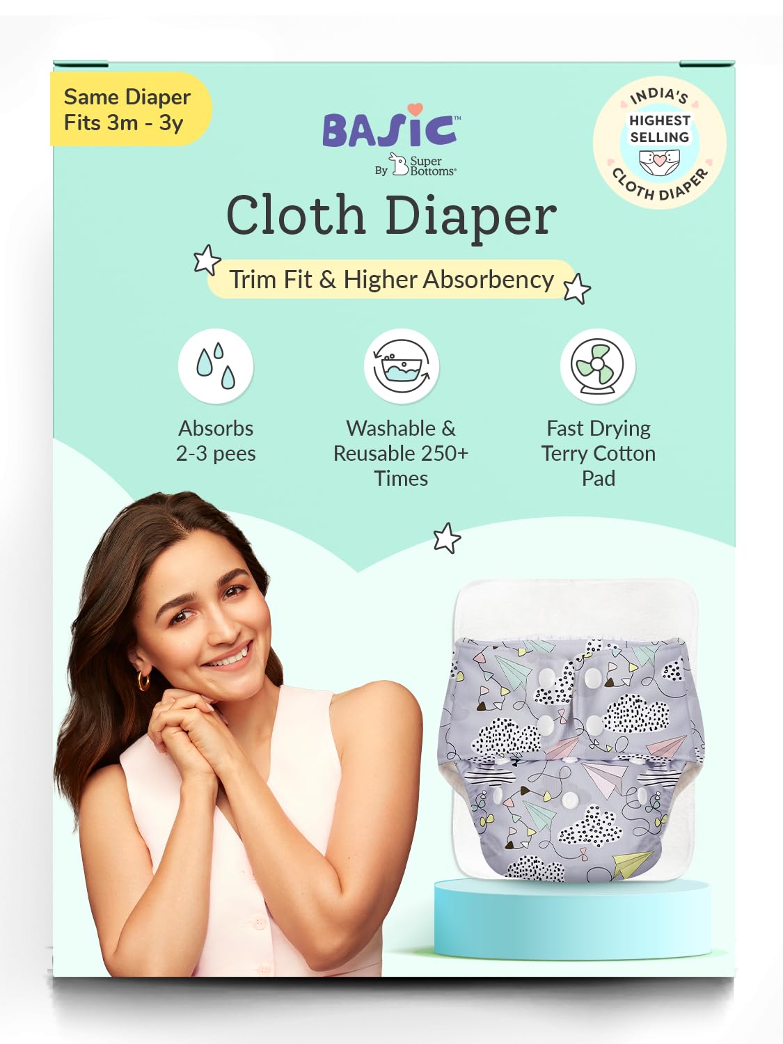 BASIC Reusable Cloth Diapers | New Trimmer Version | Adjustable, Washable & Rash-Free | Includes Absorbent Pad with Dry Feel Layer | Fits 3M-3Y (5-17kg) | Certified & Comfortable for Babies (Airplane)-picture-14