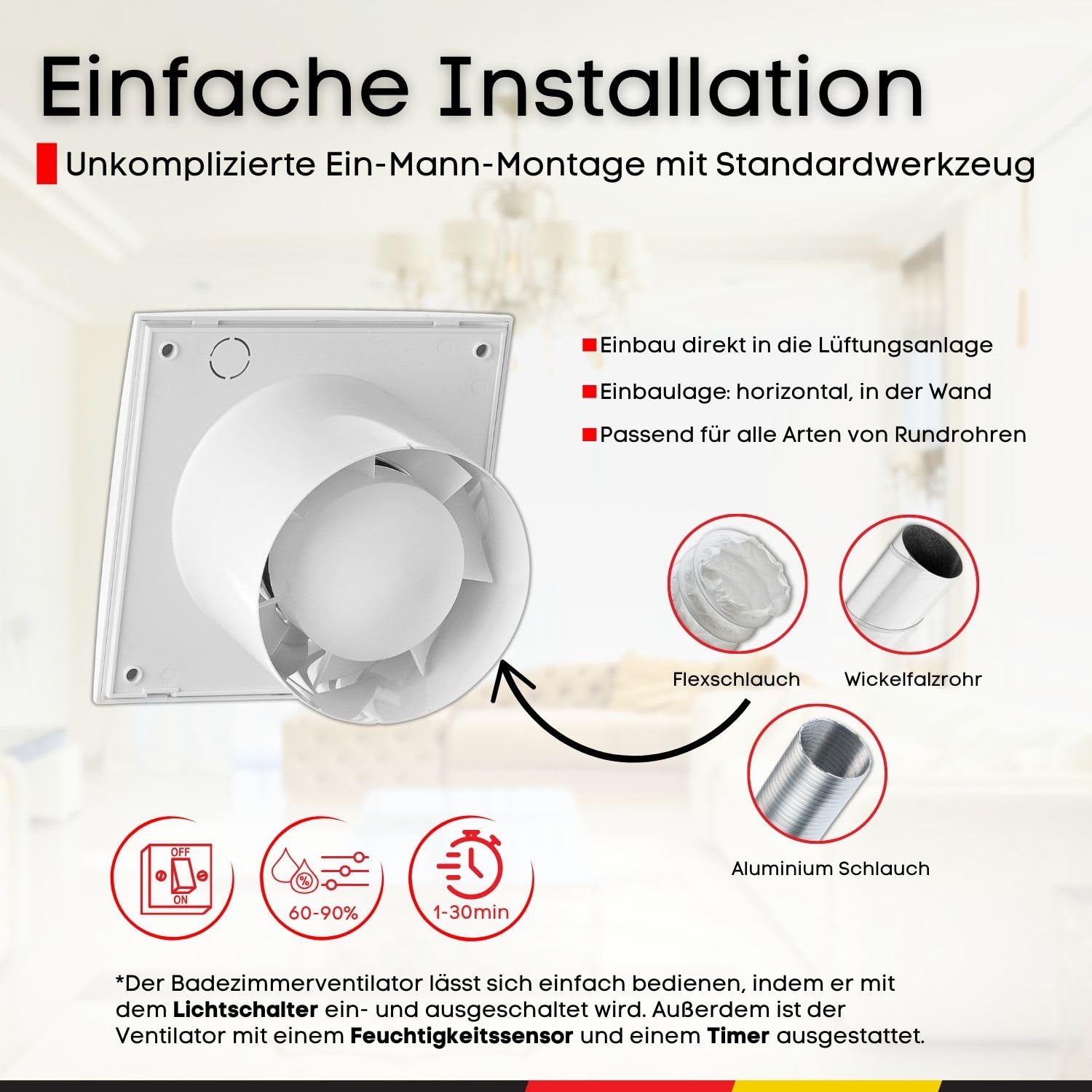 Steinberg14 Badlüfter Ø 100mm mit Feuchtigkeitssensor und Zeitnachlauf (Timer) - Weiß Ventilator