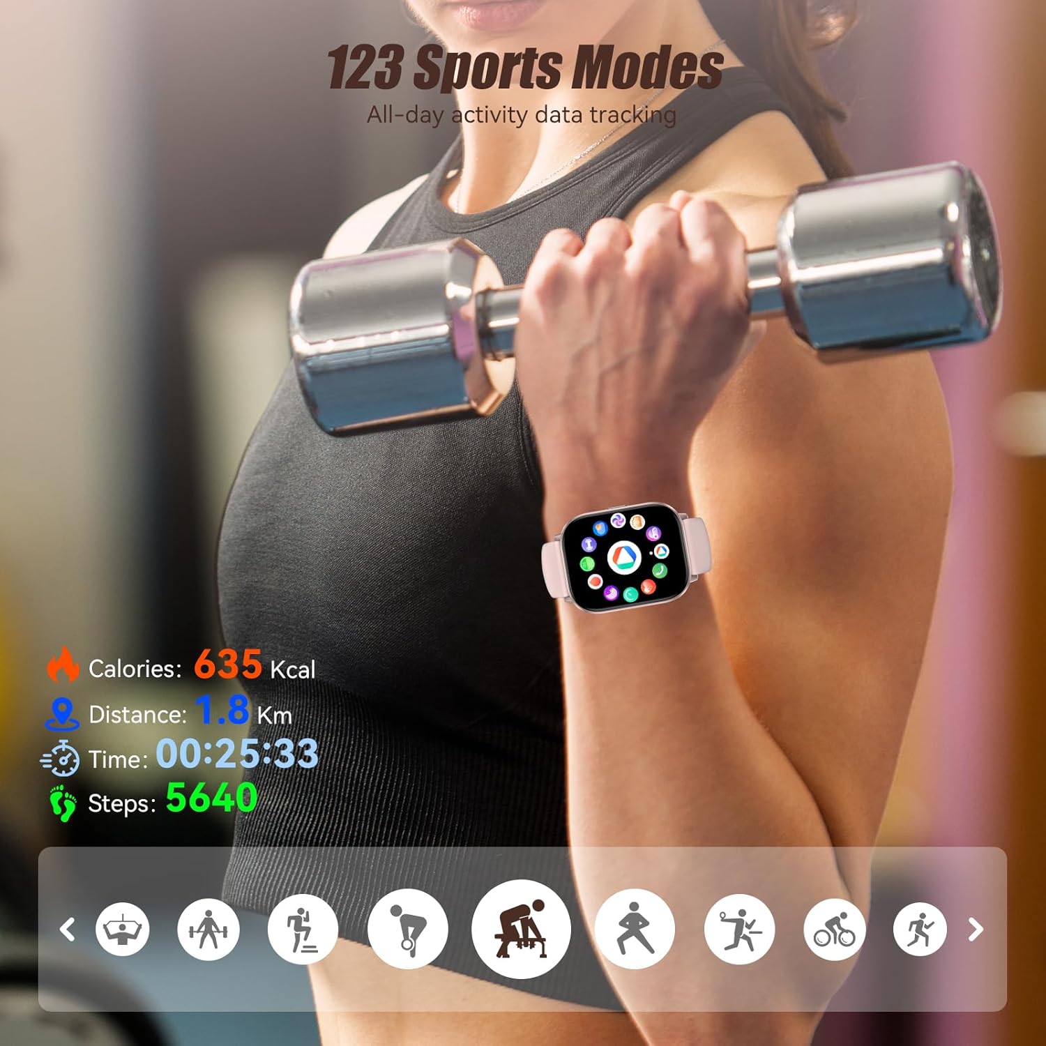 A person exercising with the G128 Smart Watch, which displays activity data such as calories, distance, time, and steps for 123 sports modes.