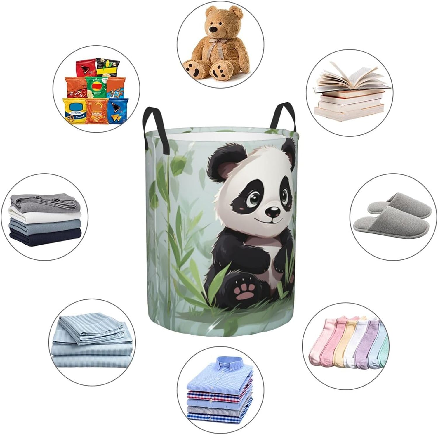 Panda bamboo Laundry Basket With Handles, Foldable Laundry Hamper Oxford Cloth Dirty Clothes Basket Waterproof Clothes Toys Storage Bin Organizer for Bedroom Bathroom Dorm