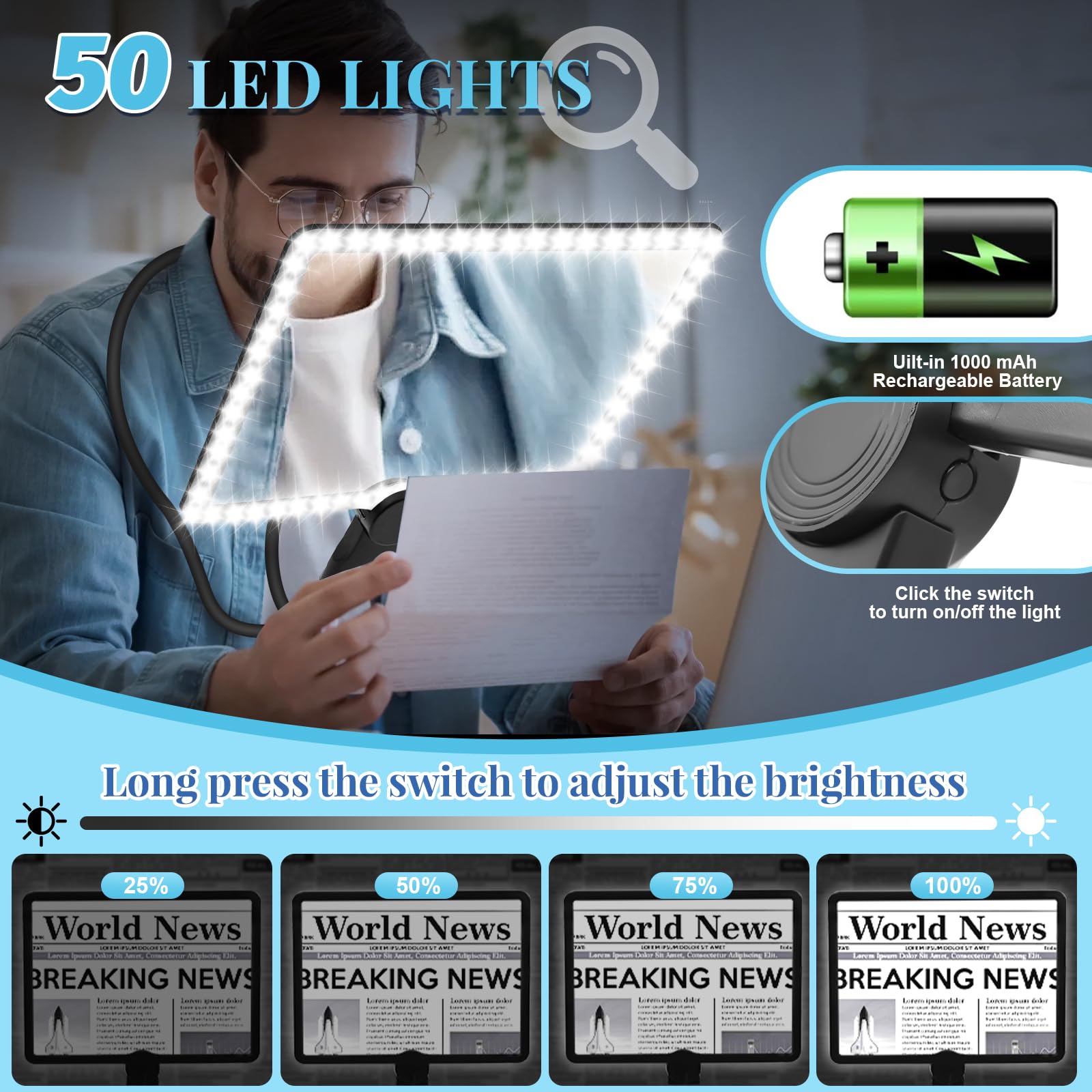 10 lupas grandes para leer con luz, lupa de página completa con brillo ajustable, 50 luces LED para leer, usar el cuello, lupas de lectura para personas mayores, bordado, tejido, baja visión