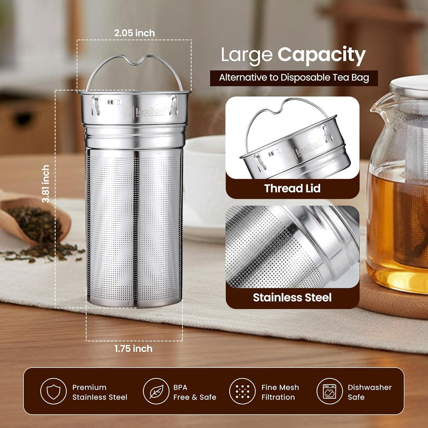 Lexlion Wasserflasche Tee-Ei für losen Tee – Wiederverwendbares & tragbares Edelstahl-Ei für Obst, Kaffee, grünen Tee, Eistee, Kräutertee, schwarzen Tee – runde Teesiebe & Filter – (1 Pack)