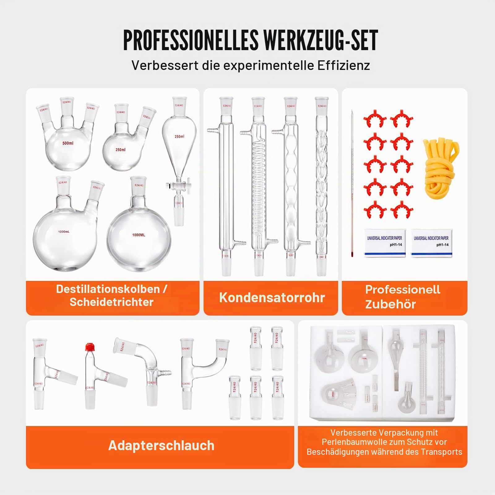 VEVOR Labor-Destillationsset, 3,3-Boro-Laborglas-Destillationsset mit 24- und 40-Verbindungen, 1000-ml-Destillationsgeräte-Set für Ätherische Öle, 32-teiliges Set mit Glaswaren