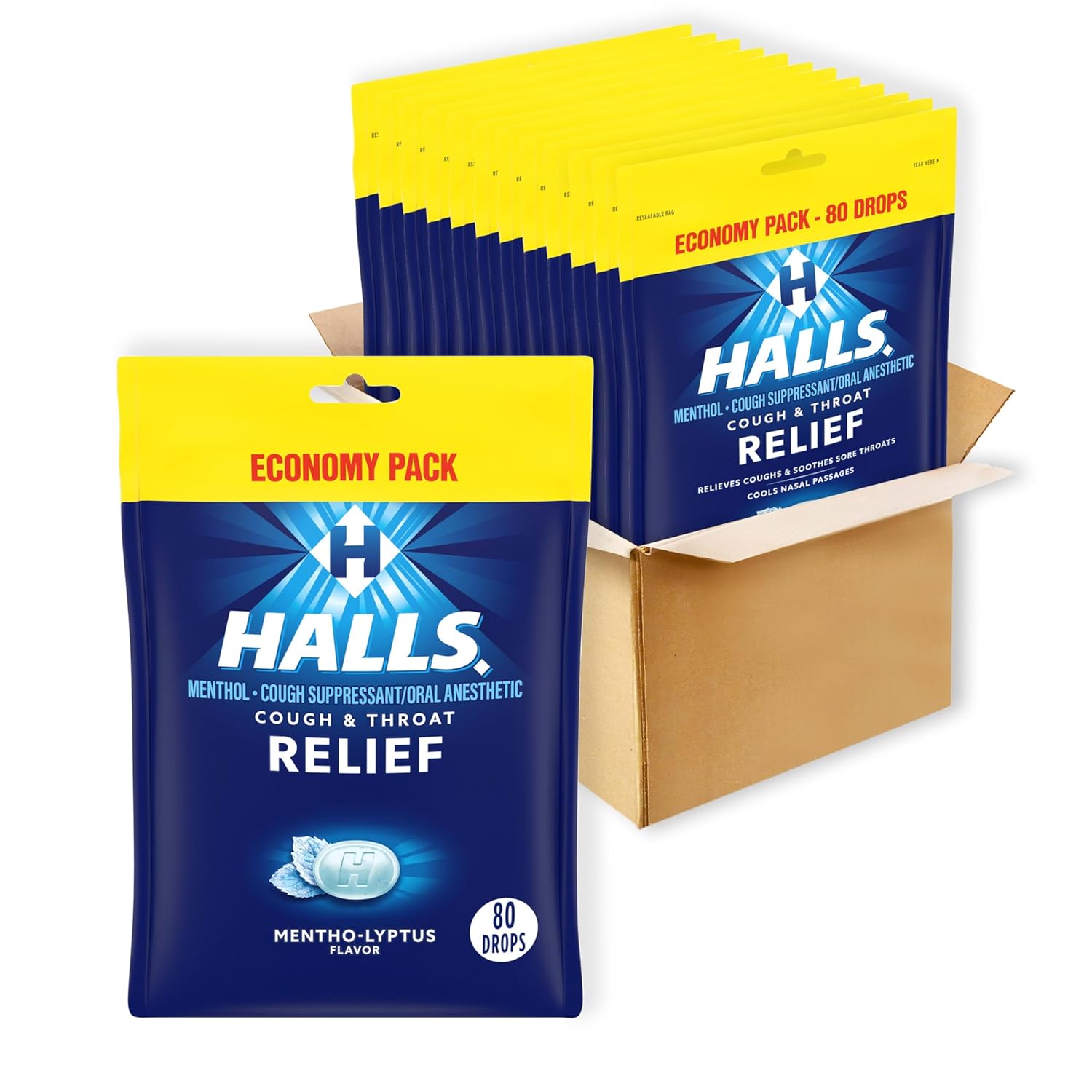 Halls Relief Mentho-Lyptus Cough Drops Bulk Pack: 12 Bags of 80 Drops (960 Total) for Cough & Sore Throat Relief