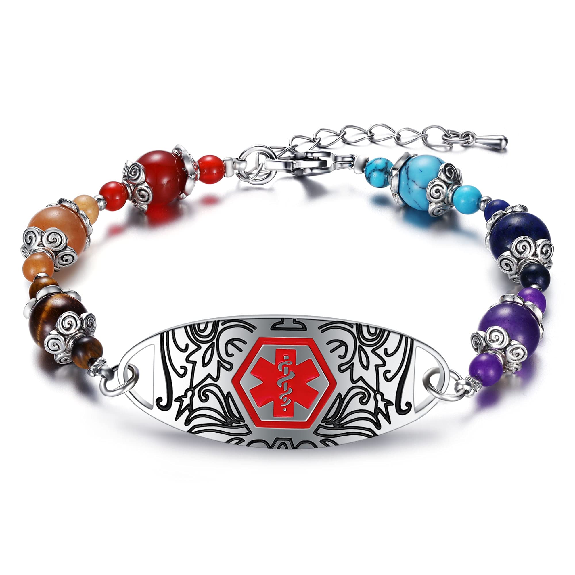 JF.JEWELRYMedical Alert ID Bracelet for Women | Personalized Custom Natural Stone Beads Medical Bangle Bracelets, Free Engraving Adjustable (7.5+1.5 Inch)