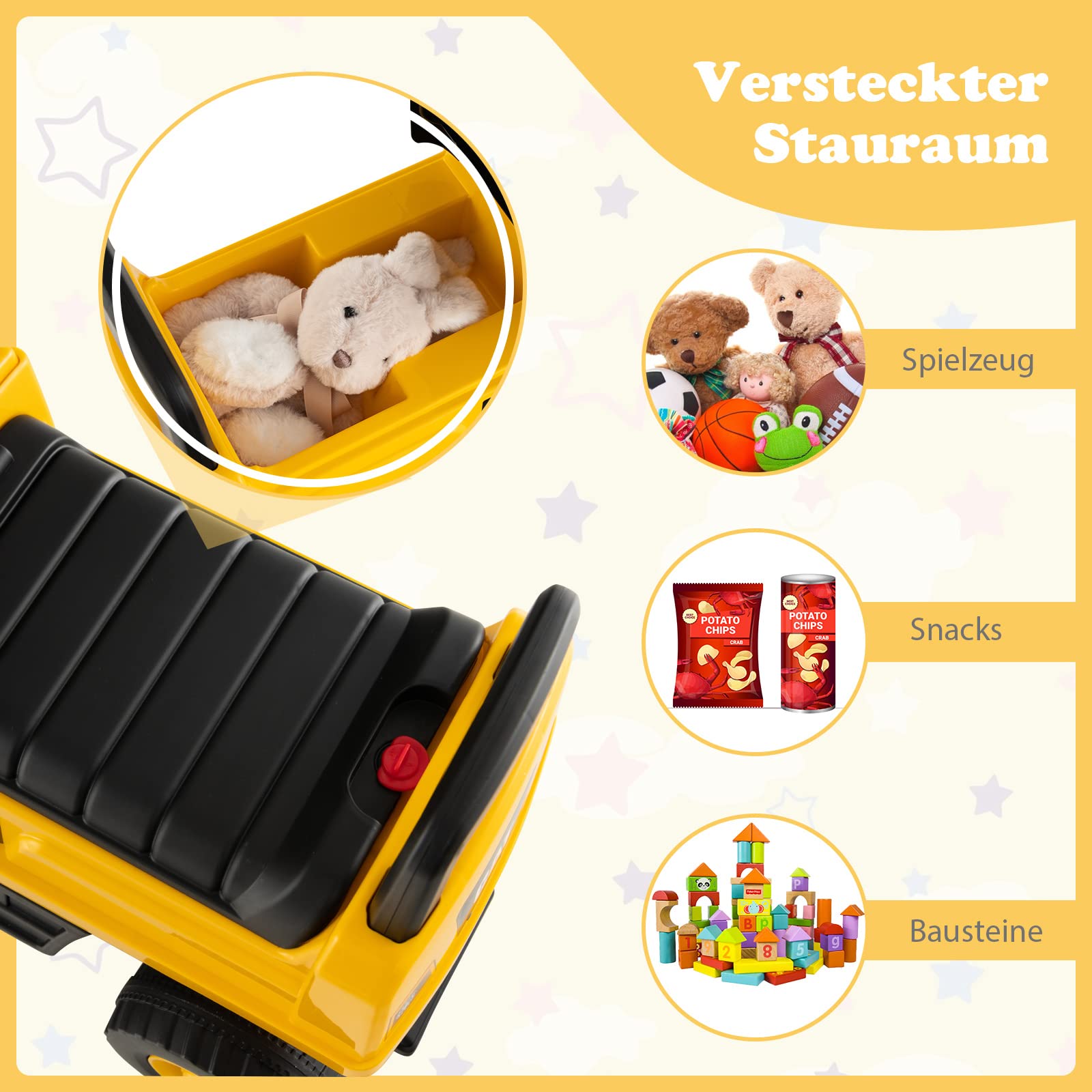 COSTWAY Graafmachine om op te zitten, verstelbare schep en opbergruimte, motorgeluid en beveiliging, zandbak, voor kinderen vanaf