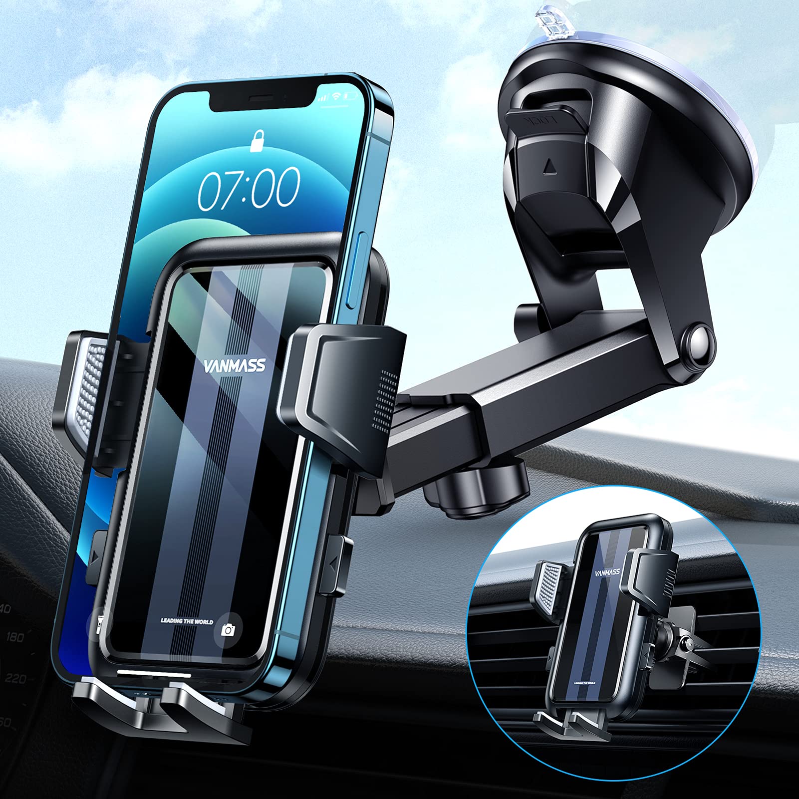 VANMASS Car Phone Holder Mount [Big Phone Never Drop] Phone Holder for Car Heatproof Suction Cup, Hands-Free Windshield Air Vent Dashboard Phone Holder Stand Compatible with All iPhone Samsung, Black