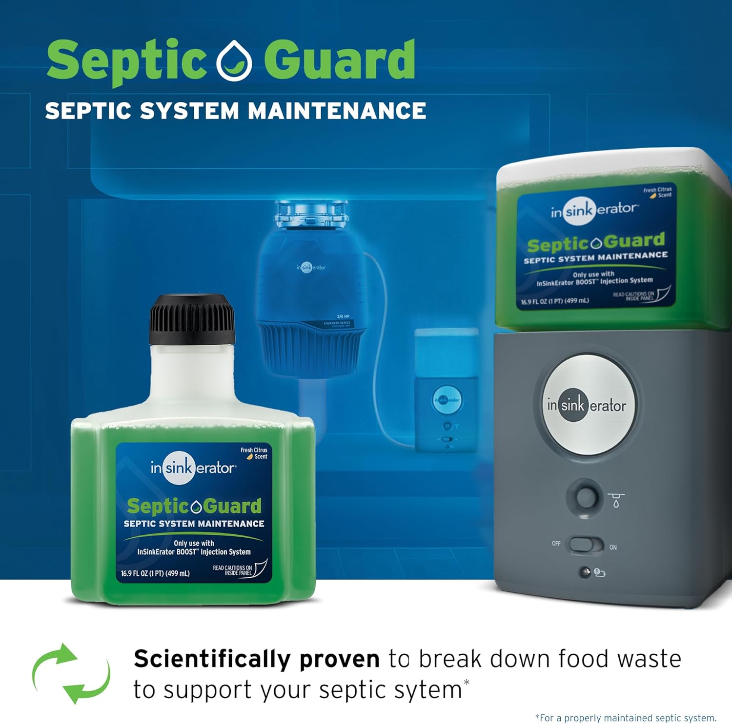 INSINKERATOR BOOST Injection System with Septic Guard Solution, Septic System Maintenance for INSINKERATOR Garbage Disposals, BST-SG