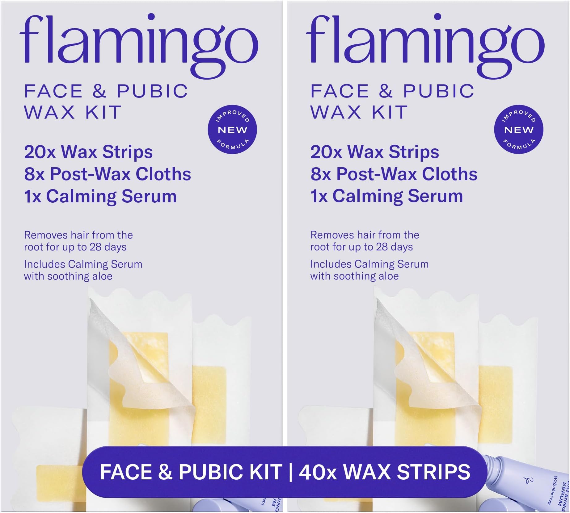 Flamingo Face & Bikini Wax Kit for Women, At Home Wax Strips for Facial Hair Removal and Pubic Hair, 40 Wax Strips, 16 Post-Wax Cloths & 2 Calming Serums, No Heat Waxing Kit, Pack of 2