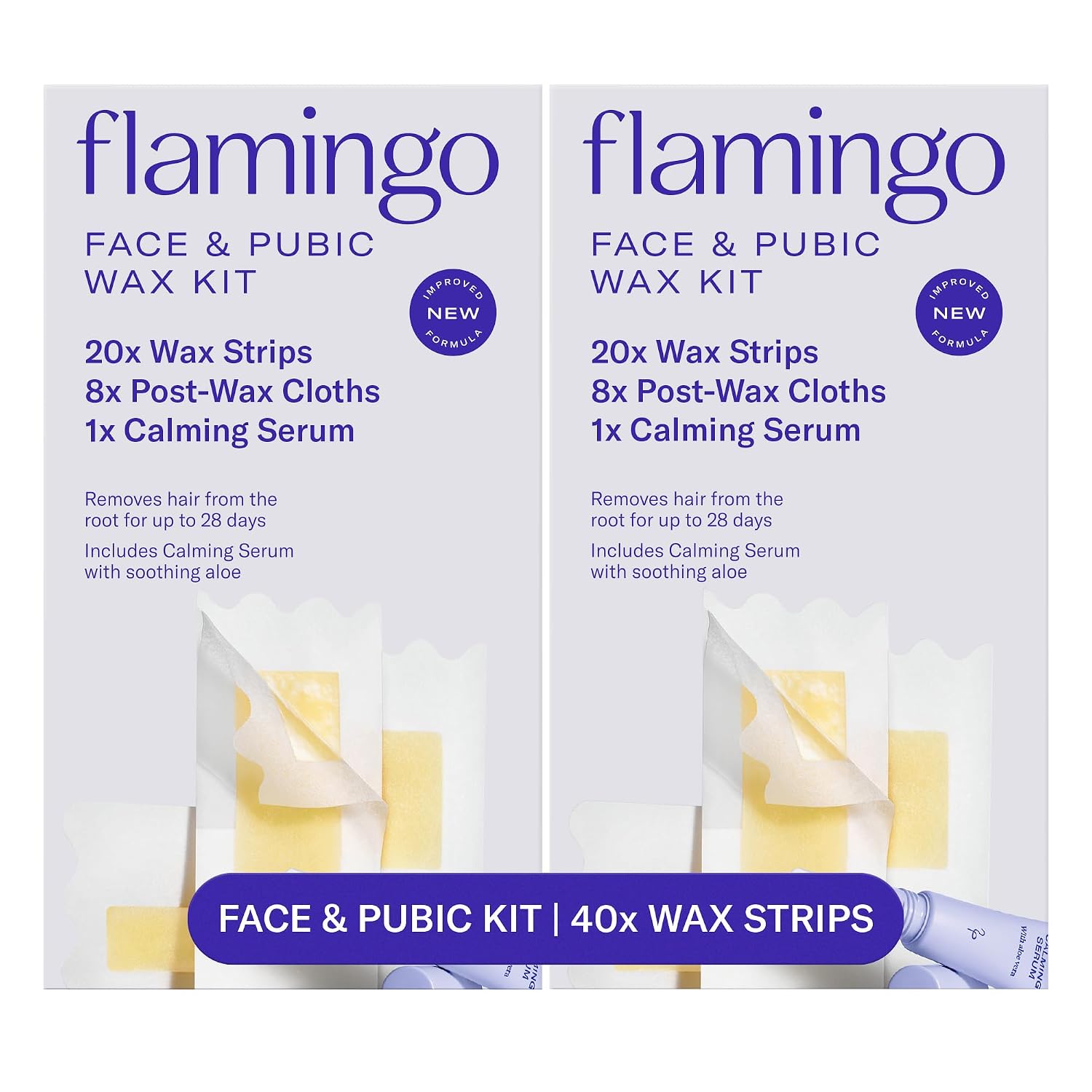Flamingo Face & Bikini Wax Kit for Women, At Home Wax Strips for Facial Hair Removal and Pubic Hair, 40 Wax Strips, 16 Post-Wax Cloths & 2 Calming Serums, No Heat Waxing Kit, Pack of 2