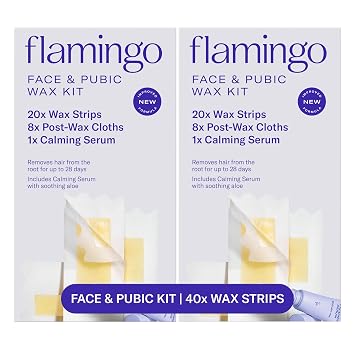 Flamingo Face & Bikini Wax Kit for Women, At Home Wax Strips for Facial Hair Removal and Pubic Hair, 40 Wax Strips, 16 Post-Wax Cloths & 2 Calming Serums, No Heat Waxing Kit, Pack of 2