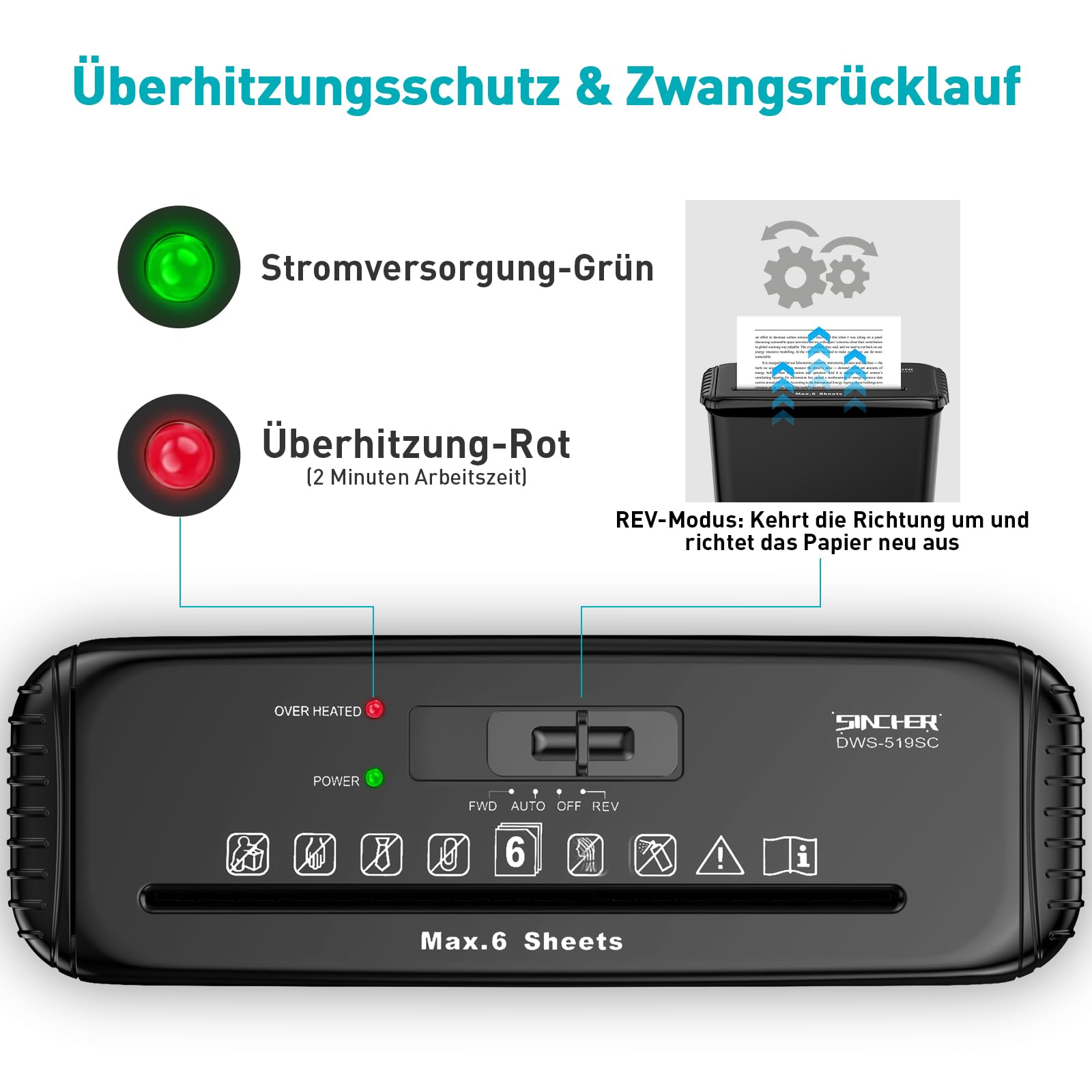 Aktenvernichter Streifenschnitt, 6 Blatt Kapazität, Kreditkarten Zerkleinerung, Überhitzungsschutz,Korb-frei Design, Sicherheitsstufe P-2 für Heim- und Büroeinsatz,Aktenvernichter mit ausziehbarem Arm
