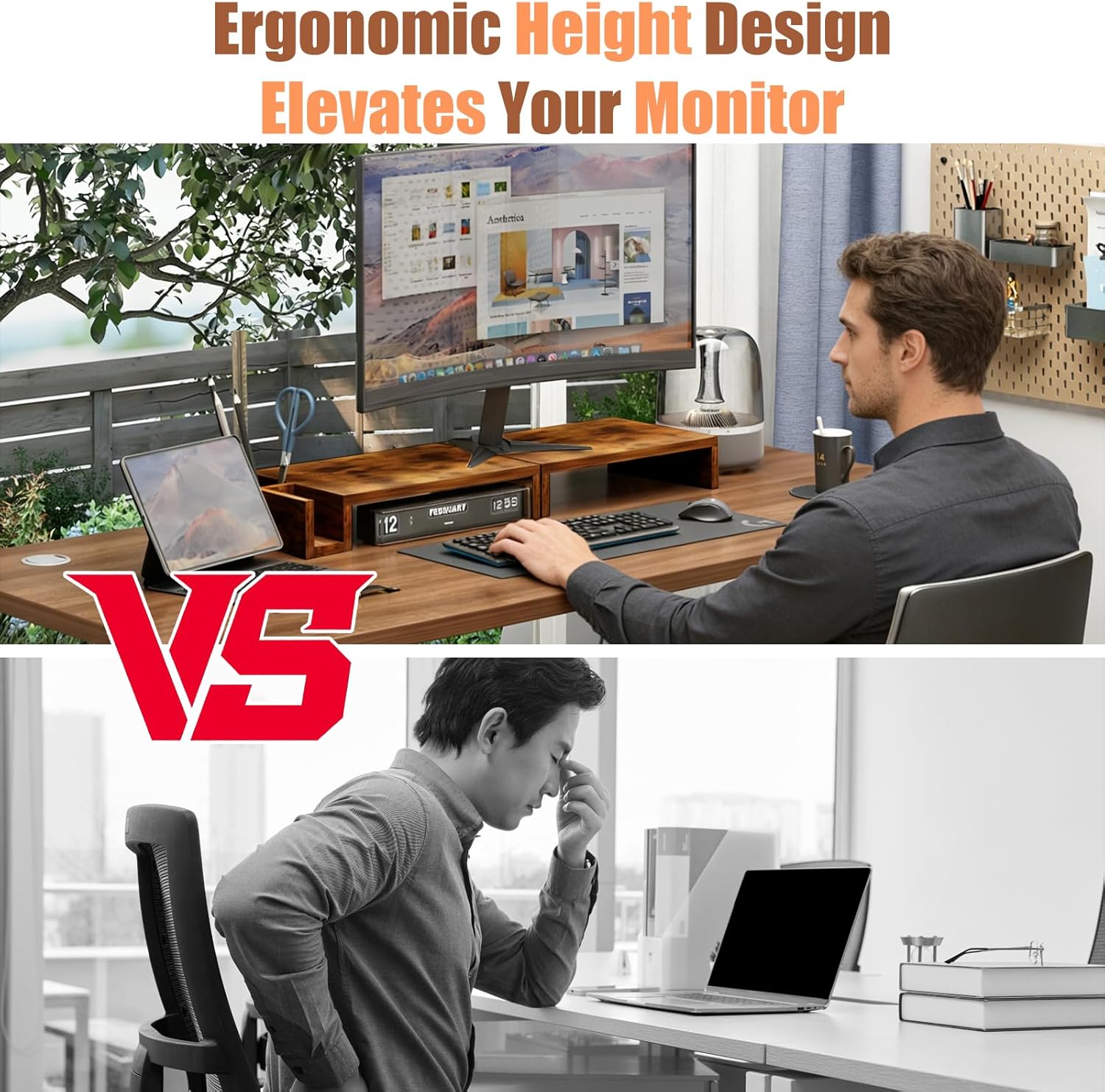 Wood Dual Monitor Stand Riser for Desk, 30" Long Monitor Riser with Pen Holders, Desktop Storage Organizer for 2 Monitors, Computer, Laptop, PC, Printer, TV, Rustic Brown (Dual)