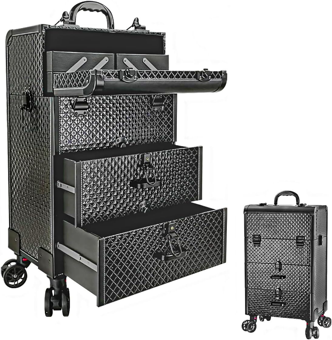 Professional Makeup Trolley Rolling Cosmetic Case, Portable Train Case with Wheels Large Storage Vanity Case for Artists Lockable Travel Makeup Trunk Trolley for Nail Technicians Hairstylist