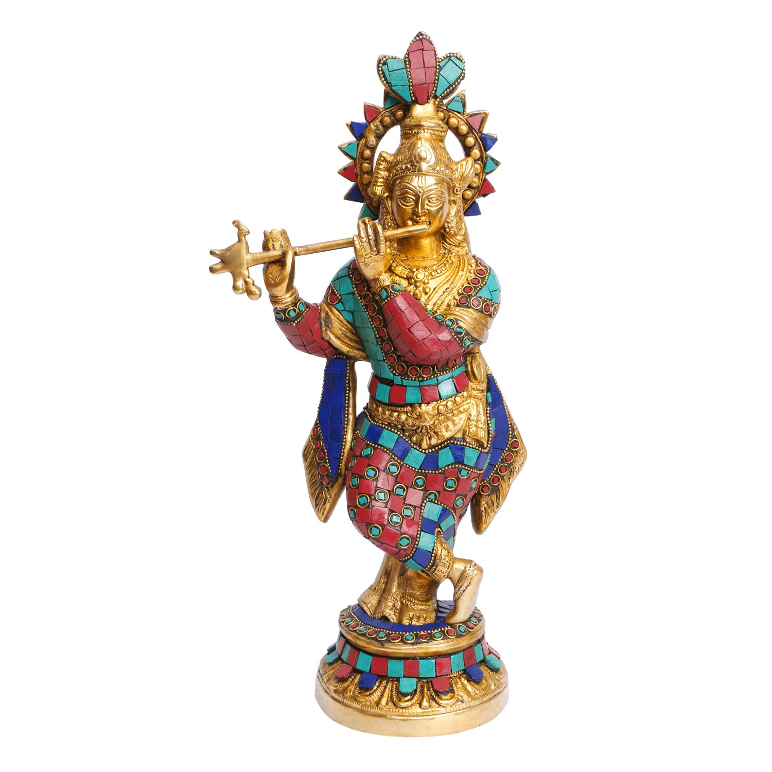 Grande Statue Krishna En Laiton – 15 Pouces – Décoration Intérieure, Inde