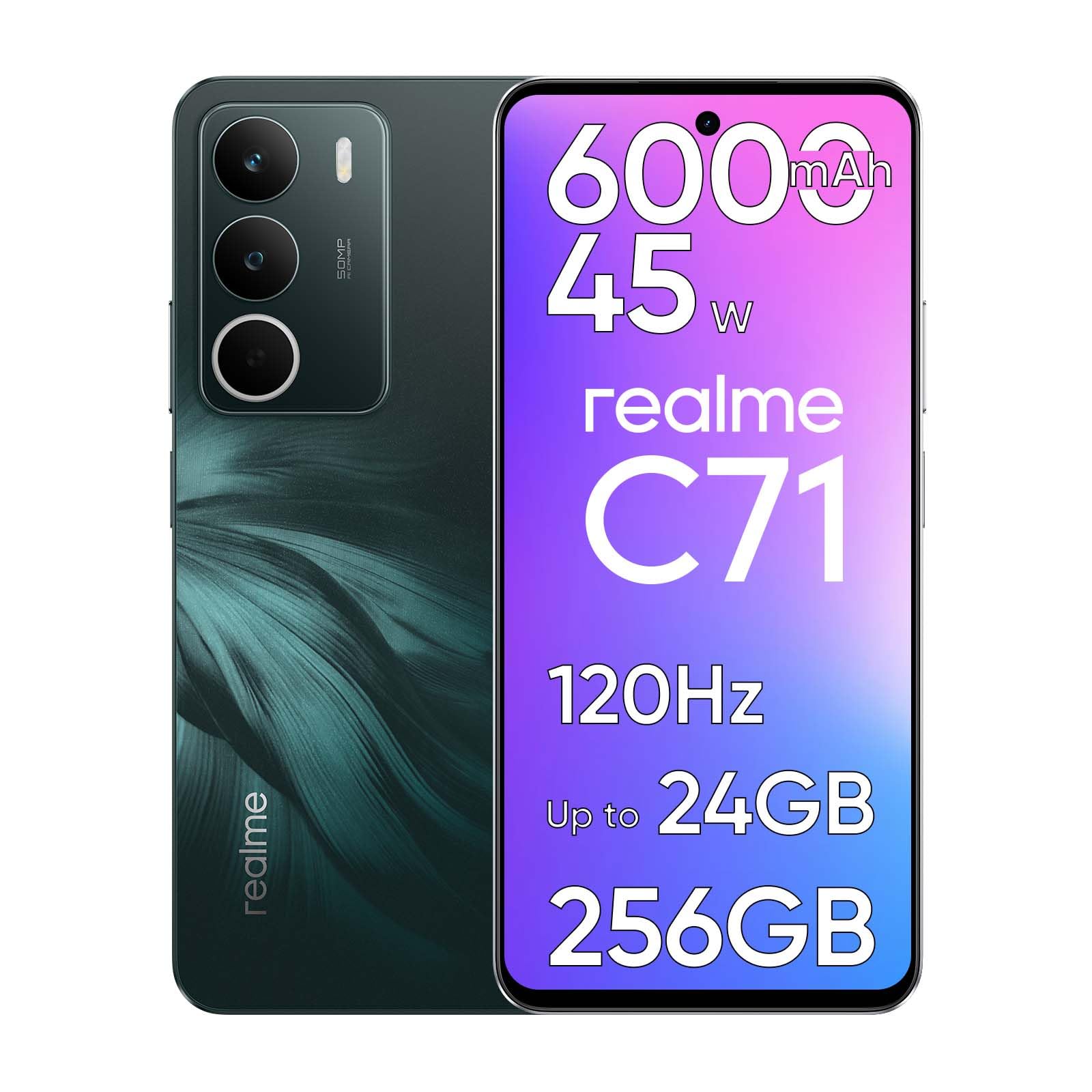 realme C71 Smartphone 8GB RAM + 256GB ROM, 6.67" 120Hz Pantalla, Teléfono Móvil con Batería de 6000mAh y Carga Rápida de 45W, AI 50MP Cámara, Dual SIM, Huellas Lateral, NFC y Next Ai, Verde