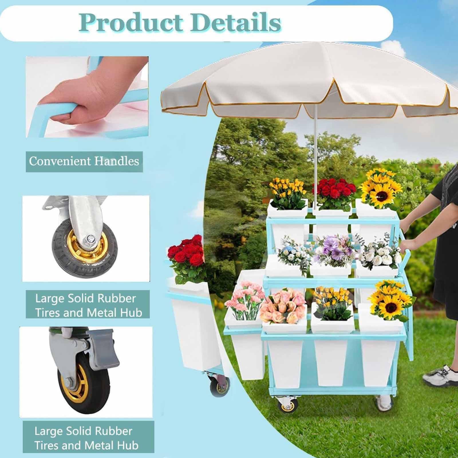 Este Soporte metálico para exhibición de Flores al Aire Libre con Soporte para Flores con 18 Cubos, Carrito de exhibición de Flores con Ruedas, Carrito de Flores para floristería, Patio y ja