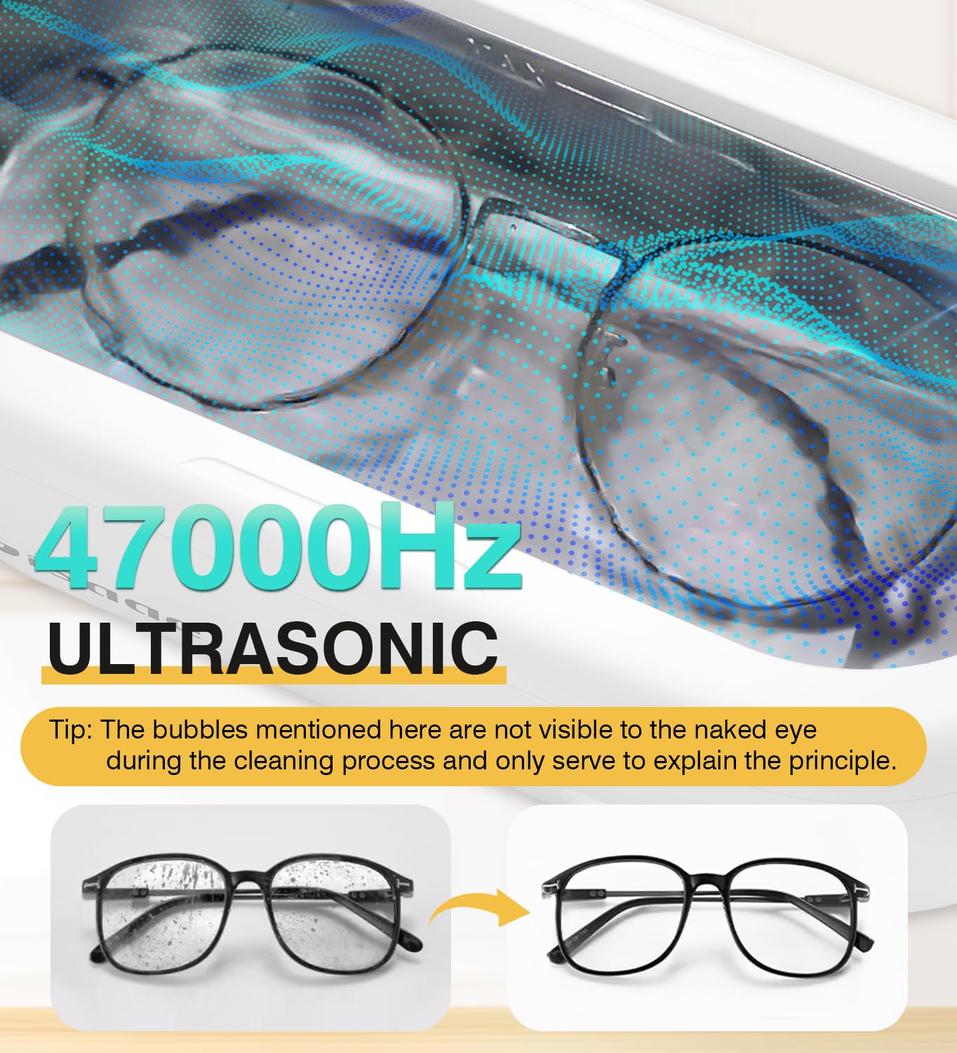 Gisaae Pulitore Ultrasuoni Portatile, 47kHz Lavatrice Ultrasuoni Occhiali, 360ML Vasca Ultrasuoni, Pulitore ad Ultrasuoni per Gioielli, Collane, Orologi, Monete, Protesi Dentarie