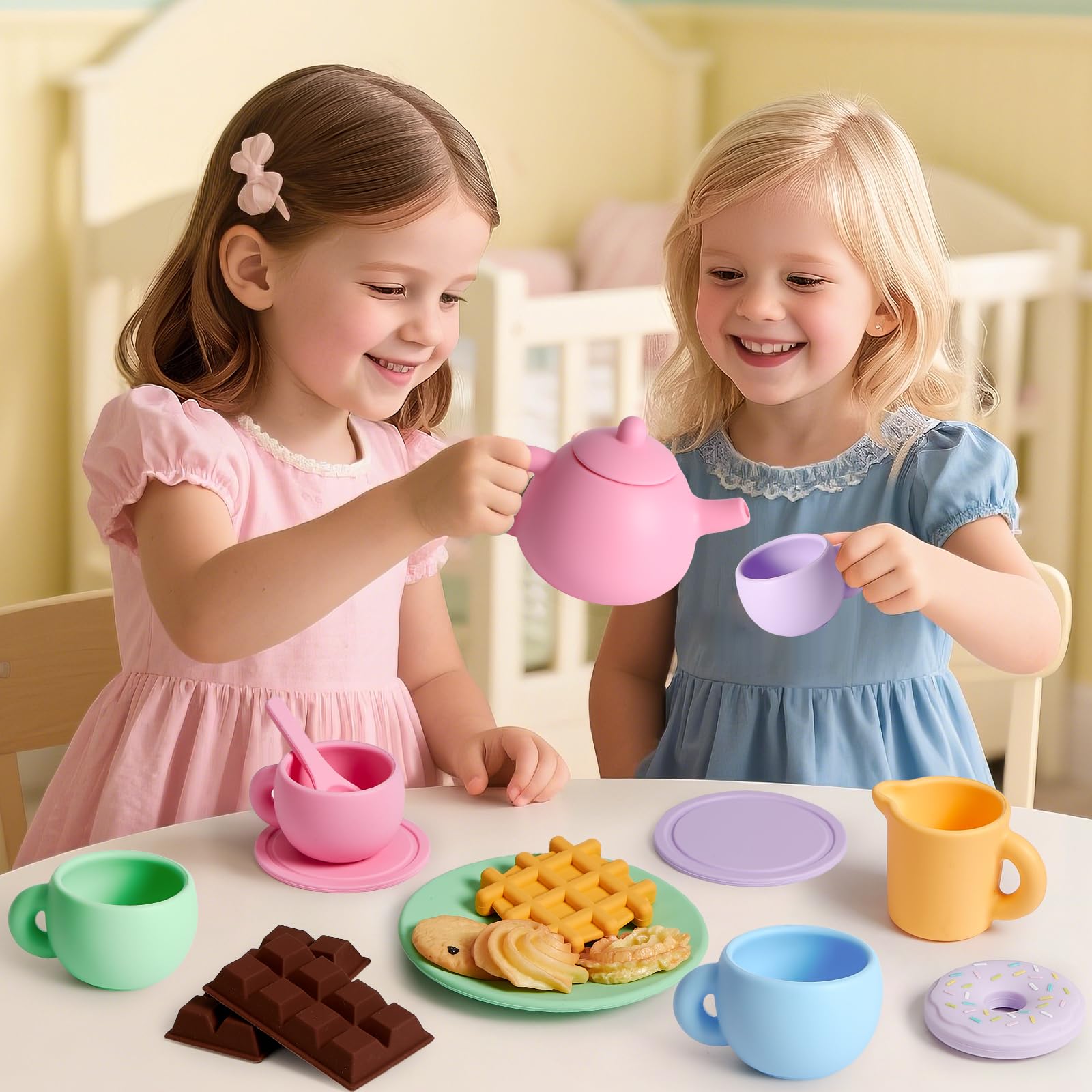 G.C Siliconen theeservies voor kinderen, speelgoed, kinderkeuken, accessoires met theepot, kopjes, borden, lepels, schattige desserts, theekransjes, rollenspellen, keukenspelletjes, cadeaus voor