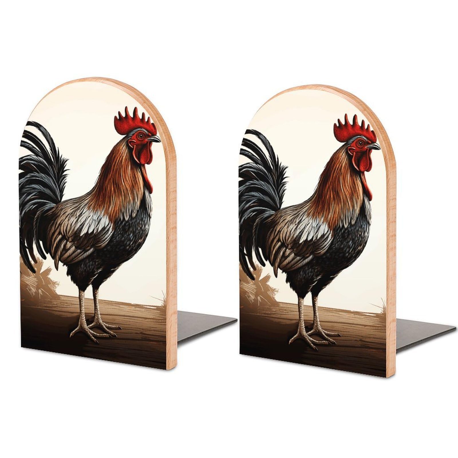 Sujetalibros de gallo de madera con base de metal para estantes