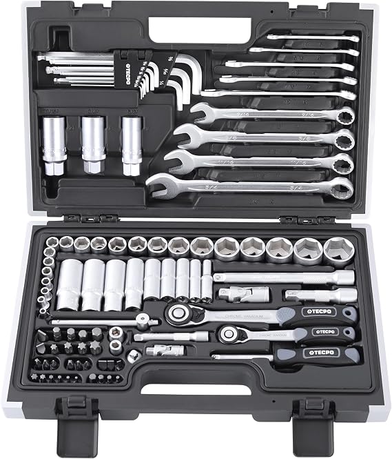 TECPO inch socket wrench set 92 pieces tool case with ring wrench and wrench ratchet with nut set extension adapter hexagon socket key ratchet box Zöllig ratchet box