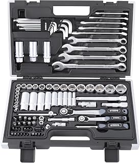 TECPO Zoll Steckschlüssel Satz 92-teilig Werkzeugkoffer mit Ringschlüssel und Maulschlüssel, Ratsche mit Nuss-Set Verlängerung Adapter, Innensechskant-Schlüssel, Ratschenkasten, Zöllig, Knarrenkasten