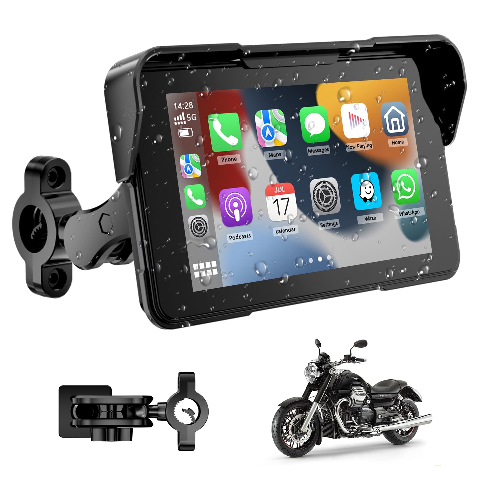 Navigatore Moto 5 Pollici Schermo Moto Carplay per Apple e Android Auto IP67 Impermeabile Touchscreen Bluetooth GPS